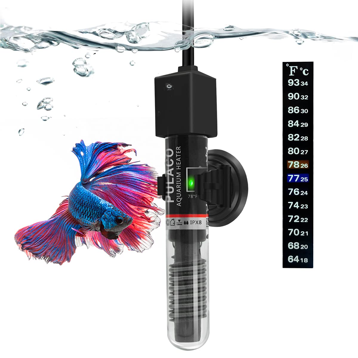 Pulaco 25W Small Aquarium Submersible Betta Heater With Free Thermometer Strip, Under 6 Gallon Fish Tanks (Preset Temperature 78