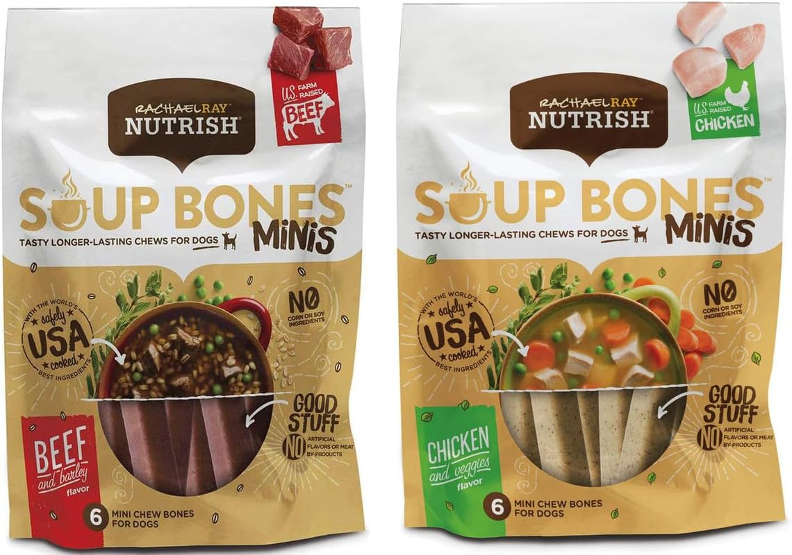 Variety Rachael Ray Nutrish Soup Bones Minis Dog Treats For Smaller Dogs Real Beef & Barley and Real Chicken & Veggies - Each Pa