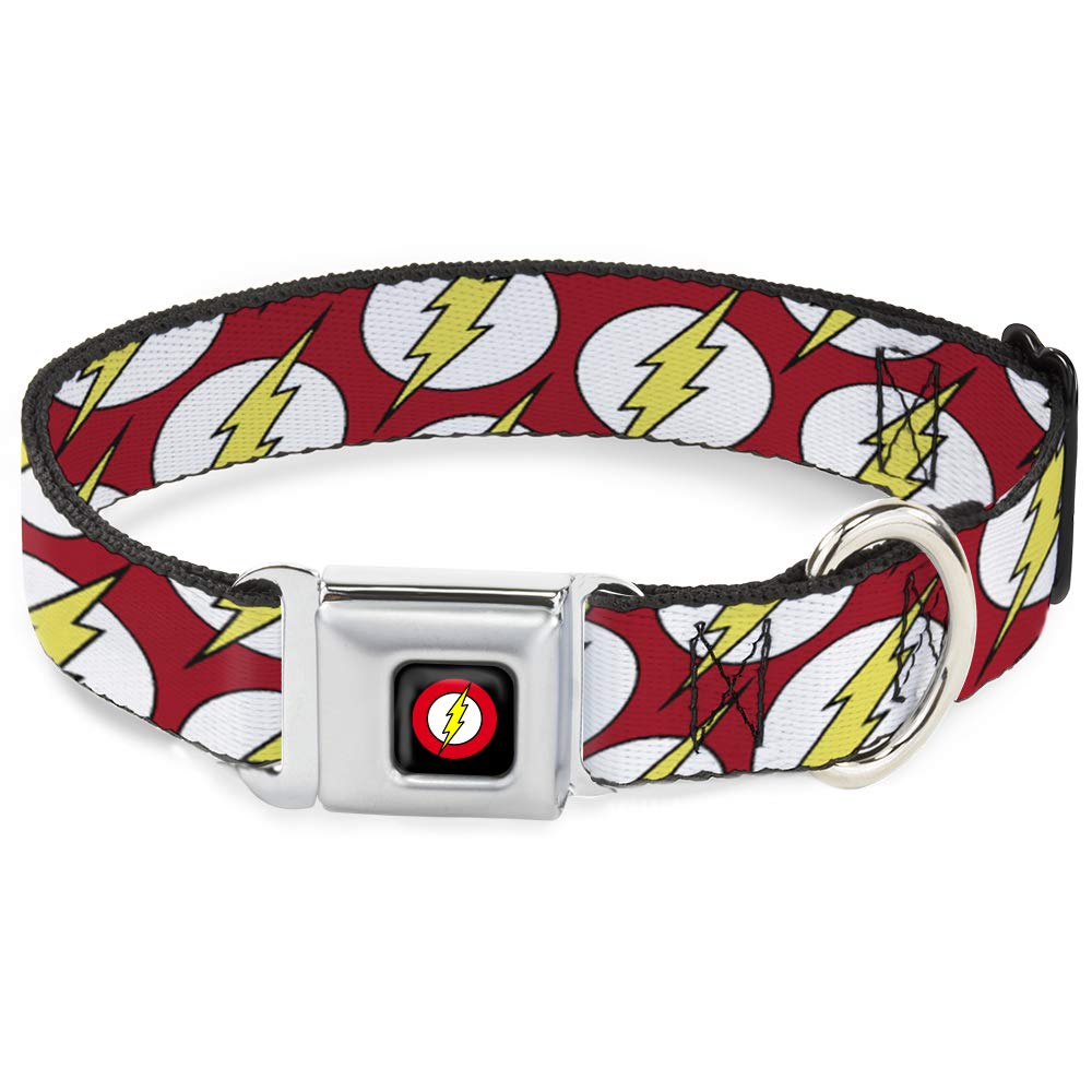 Buckle-Down Dog Collar Seatbelt Buckle Flash Logo Scattered Red White Yellow 15 To 26 Inches 1.0 Inch Wide (Dc-Wfl037-L)