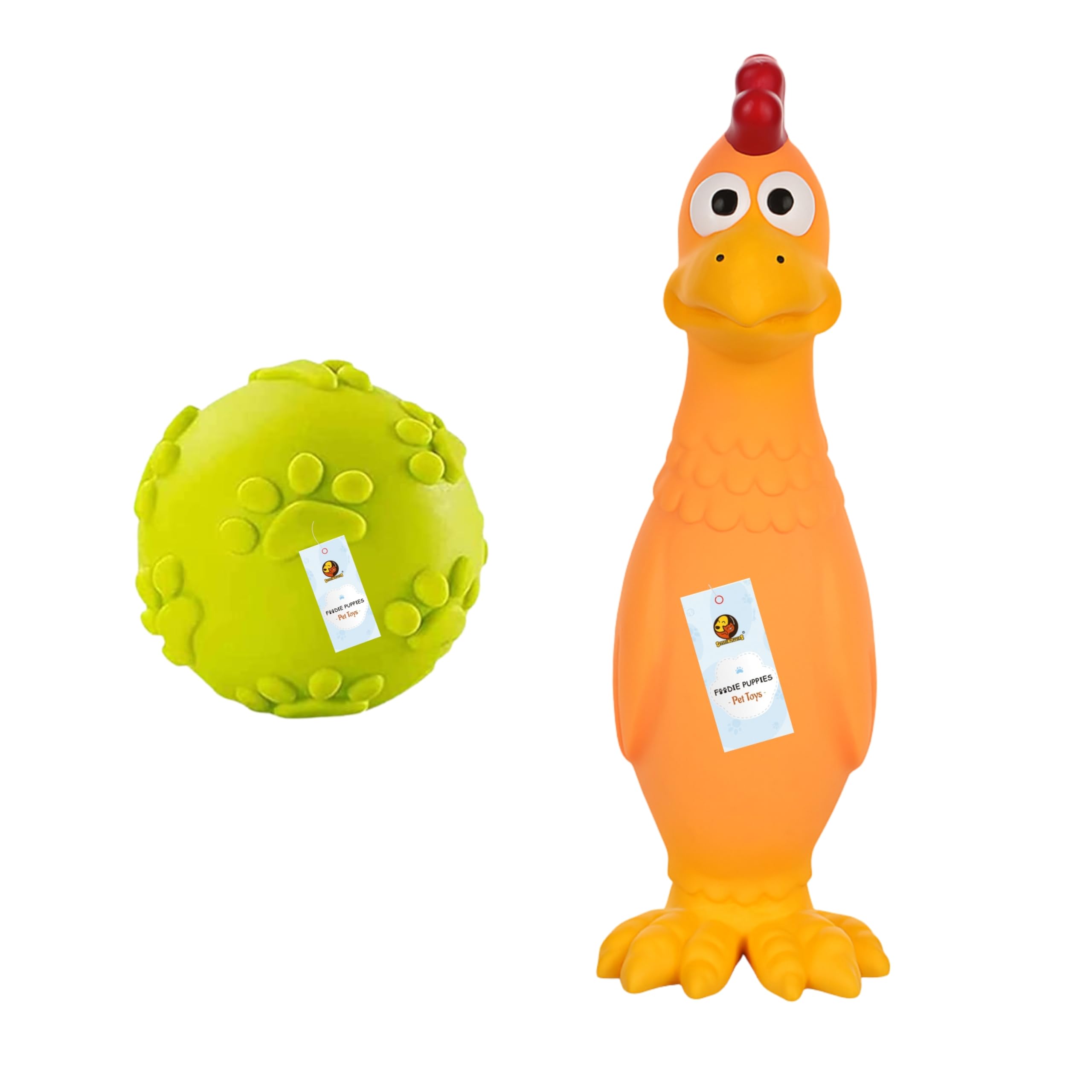 Foodie Puppies Latex Squeaky Chew Dog Toy Combo (Claw Ball + Orange & Yellow Hen) | Interactive Durable Fetch Soft & Safe Play T