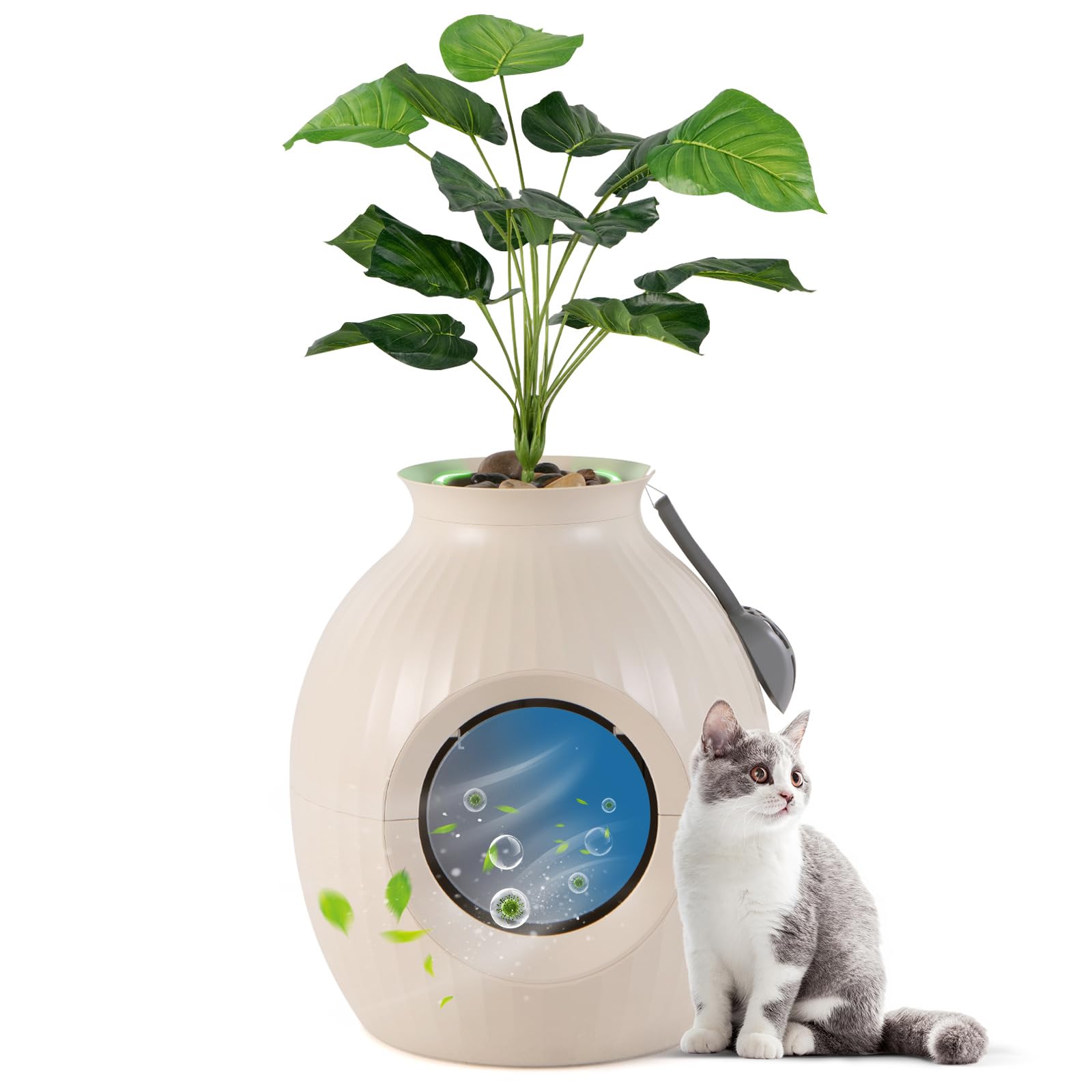 Petsite Hidden Litter Box Plant, Cat Litter Box Enclosure Furniture With Smart Odor Removal System, 4 Light Effects, Door, Artif