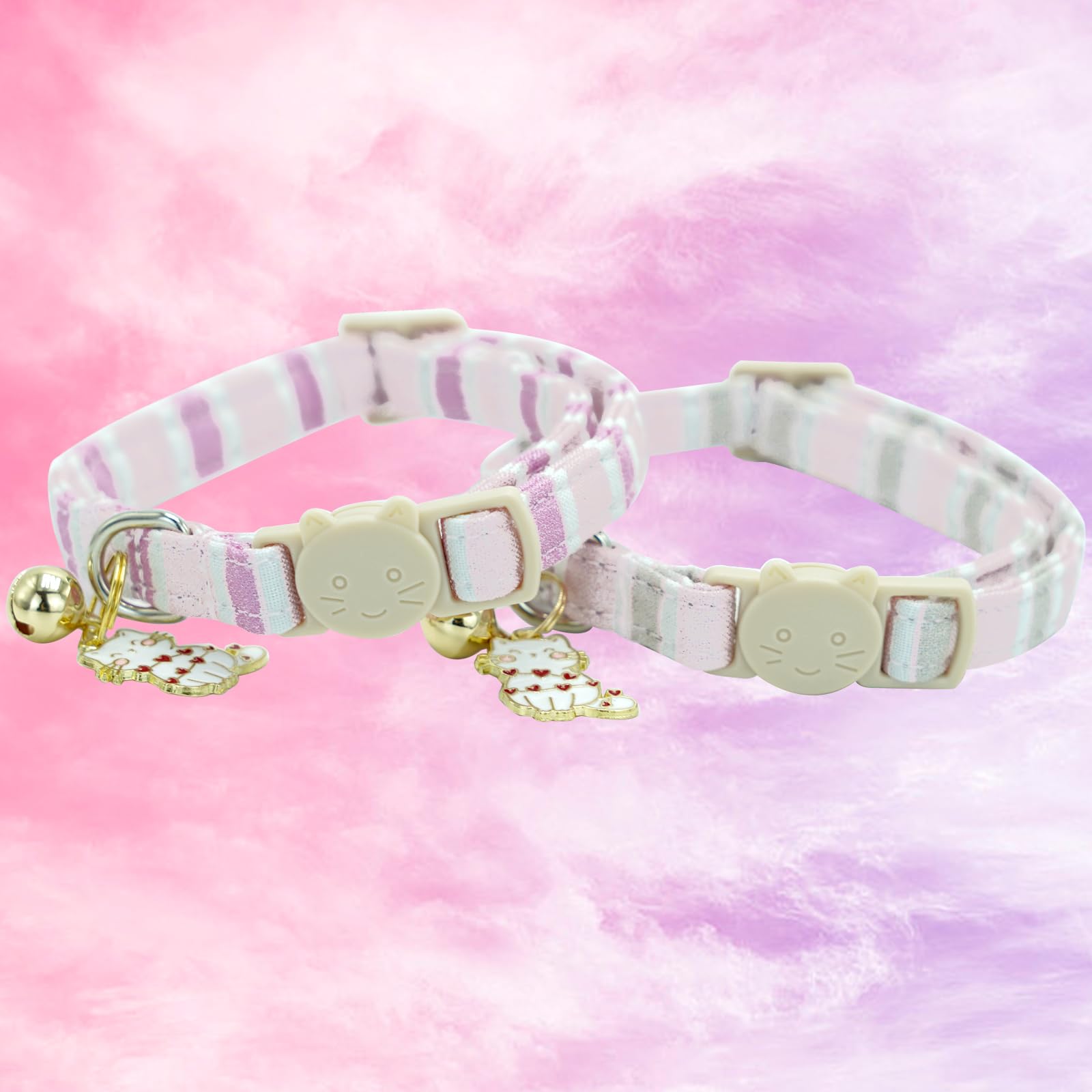 Elegant Little Tail 2 Pack Cat Collar-Pink Strip Cotton Breakaway Cat Collars With Bell Pendant Kitten Girl Safety Adjustable Co