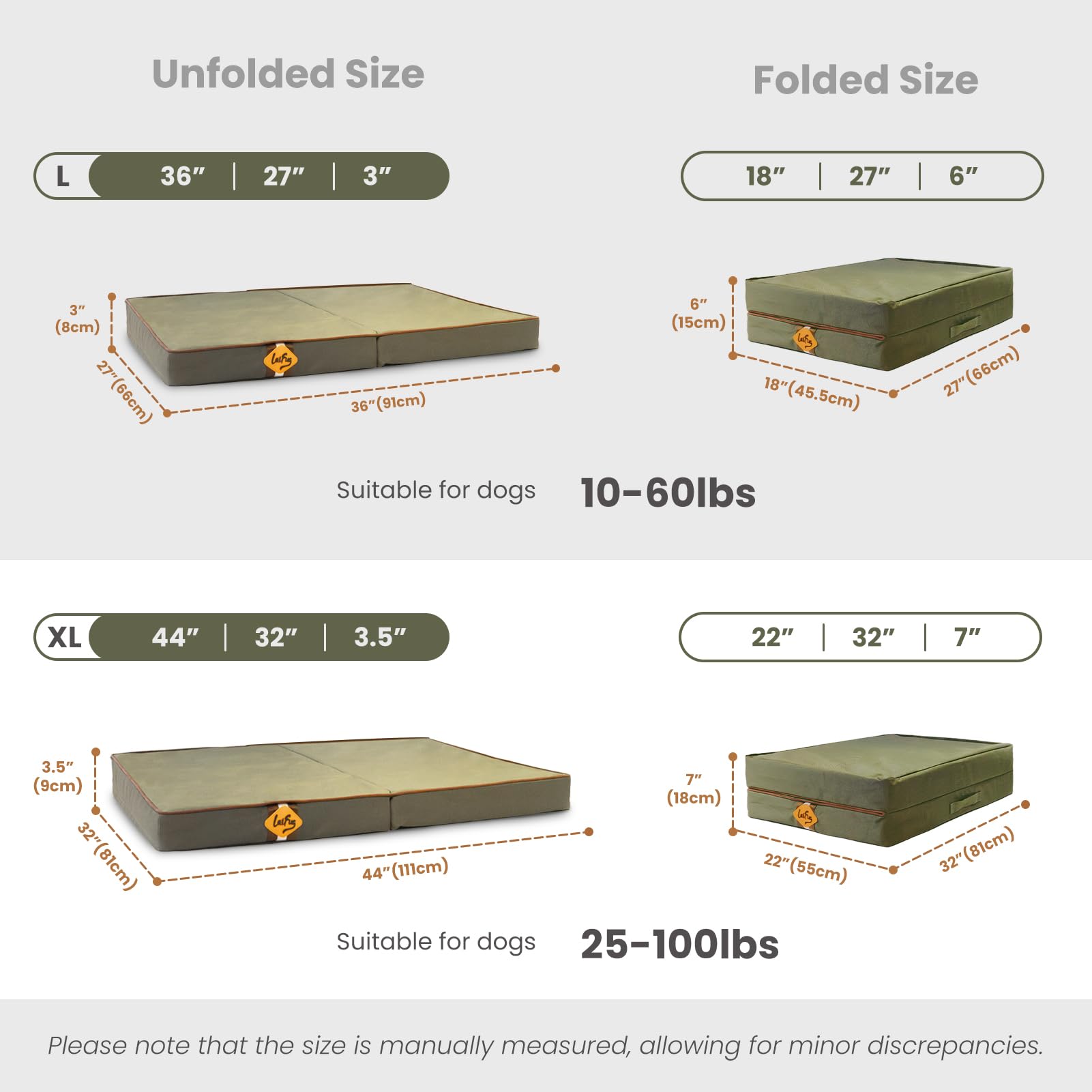 Laifug Foldable Waterproof Dog Bed for Large Dogs, Orthopedic, 36"x27"x3.5", Army Green, Model M2350313