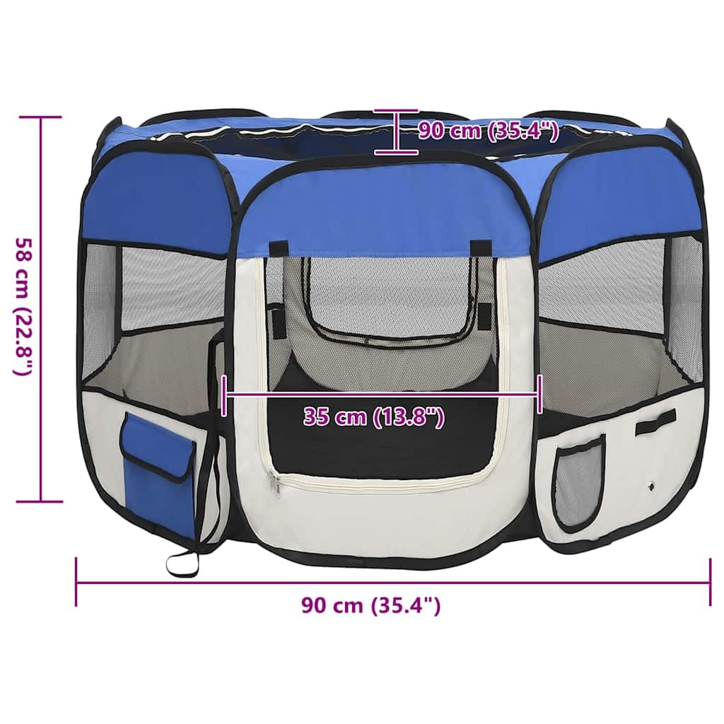 vidaXL Foldable Dog Playpen - Blue/Cream with Carrying Bag, Mesh Zipper Roof/Door, Side Pockets, Lightweight & Sturdy Steel Fram