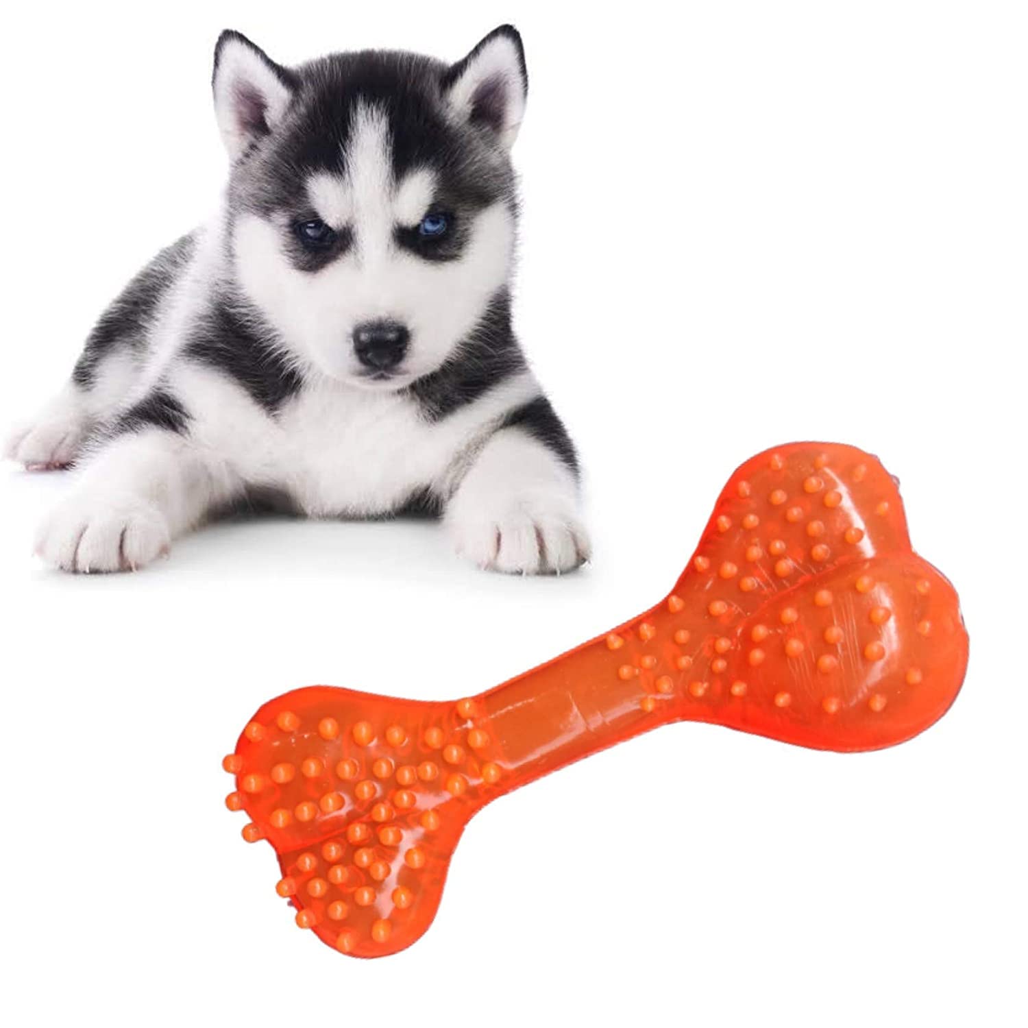 Woofy 100% Non Toxic Rubber Flavoured Puppy Bone Toy Soft Spike Bone Chew Toy Teething Toy (Soft Spike Bone, Color May Vary)