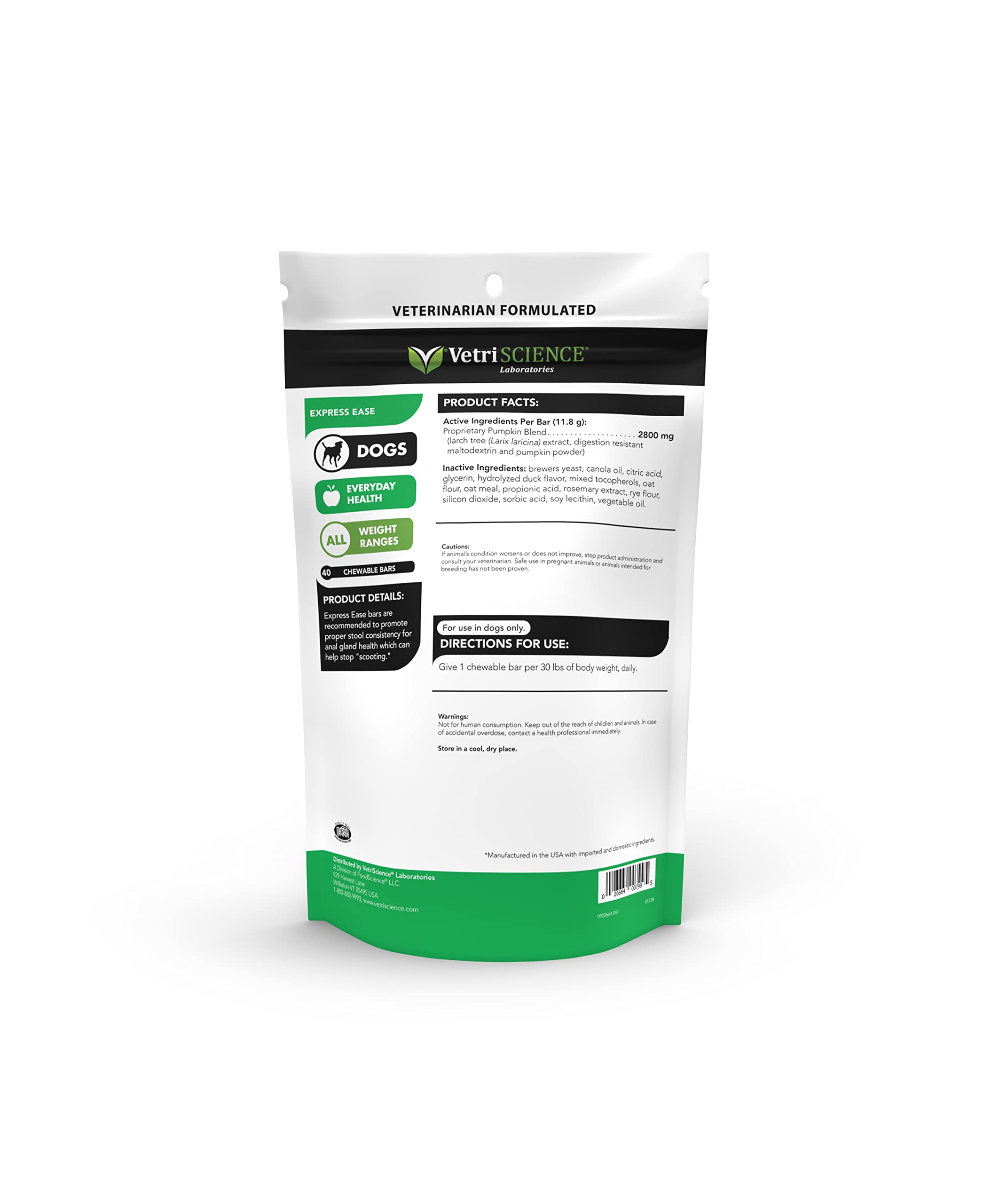 VetriScience Express Ease Anal Gland & Digestive Support for Dogs with Pumpkin, 40 Yummy Bars