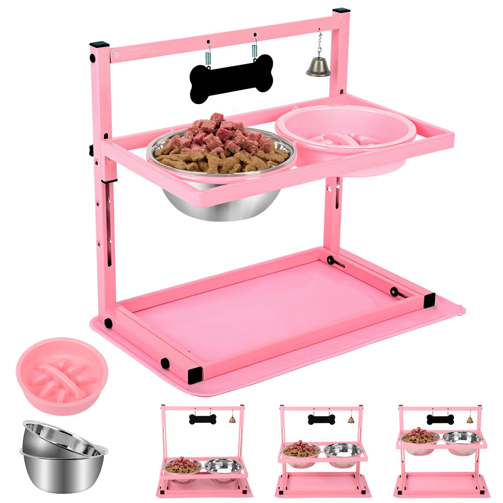 SHAINFUN Pink Elevated Dog Bowl Stand with Two 1700ml Stainless Steel Food Bowls, Slow Feeder and Spill Proof Mat, Adjustable Fe