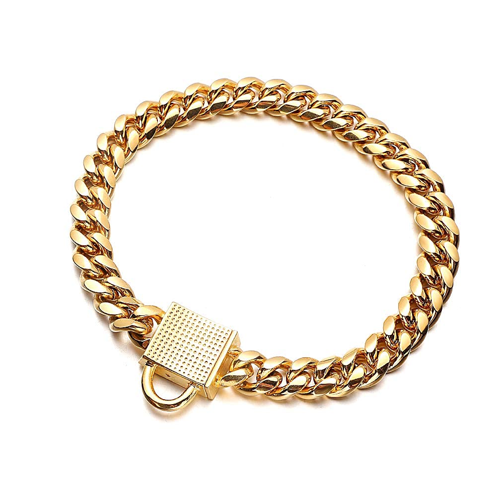 Gold Dog Chain Collar 10Mm Wide Cuban Link Puppy Collar 316L Stainless Steel With Cz Diamond Lock Bling Collar For Medium Dogs(1