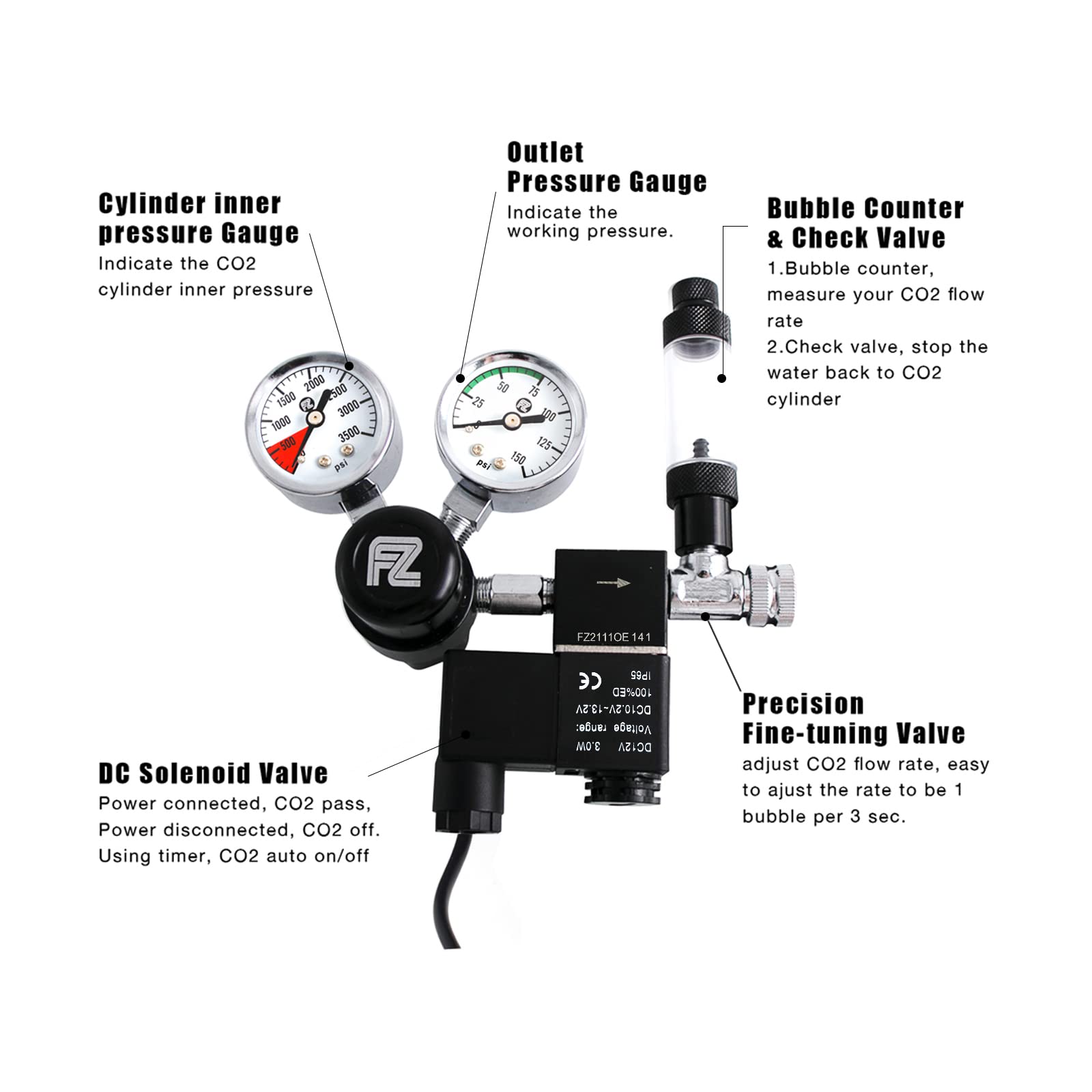 Fzone Aquarium Co2 Regulator Dc Solenoid With Bubble Counter And Check Valve Plant Grow Diy Co2 System Cga320 Side Open Cylinder