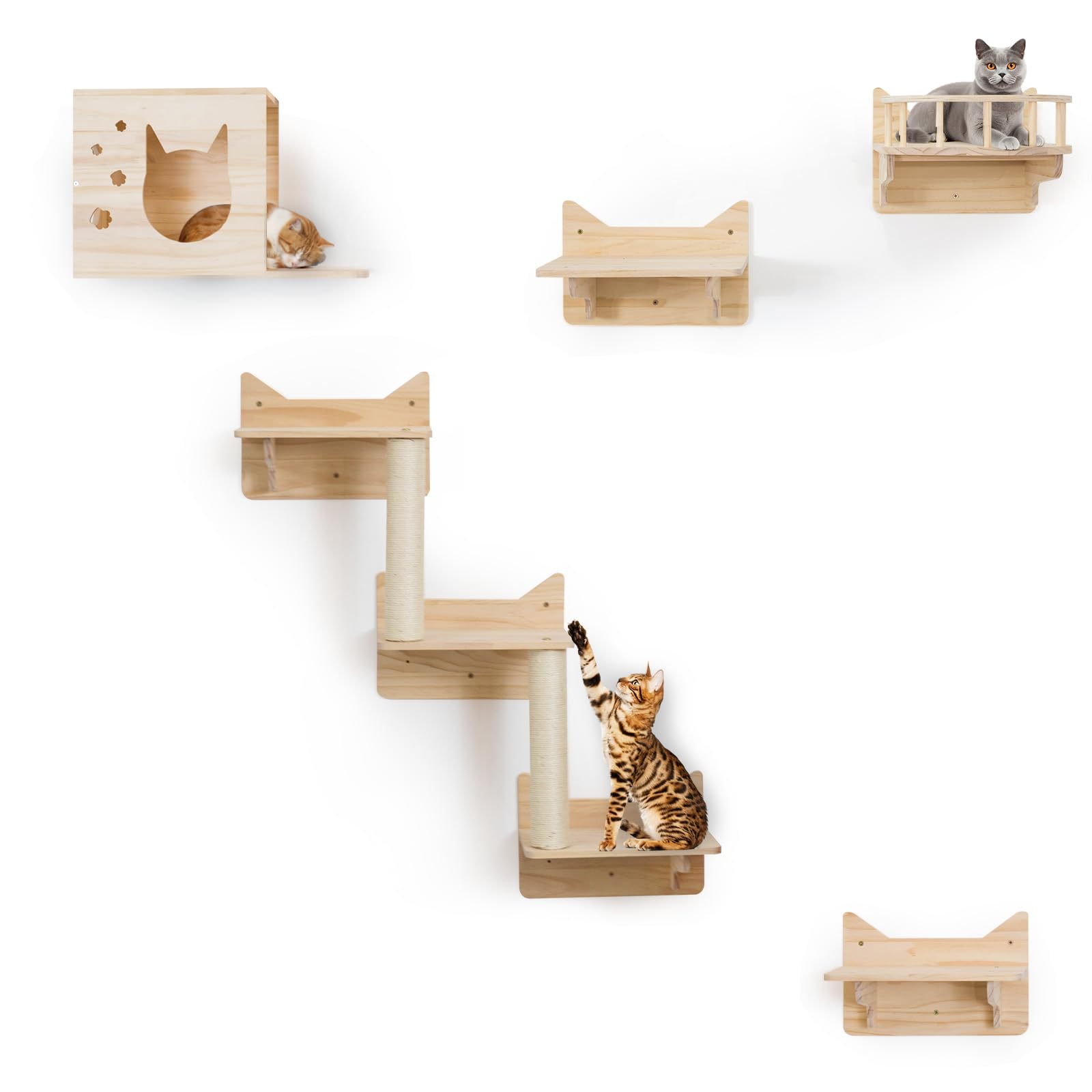 Miuzmore 9-Piece Wall-Mounted Cat Shelves Set, House, Lookout Tower, 2 Sisal Scratching Posts, 5-Step Cat Wall Ladder, Pine Furn