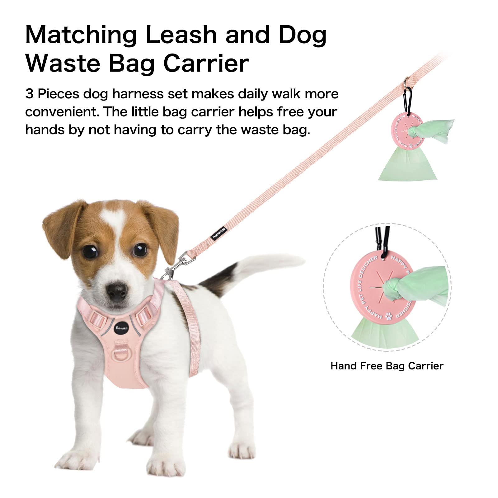 Petmolico Dog Harness For Large Dogs No Pull, Cute Dog Harness With Two Leash Clips And Soft Handle, Reflective Easy Walk Dog Harness With Leash, Pink Large