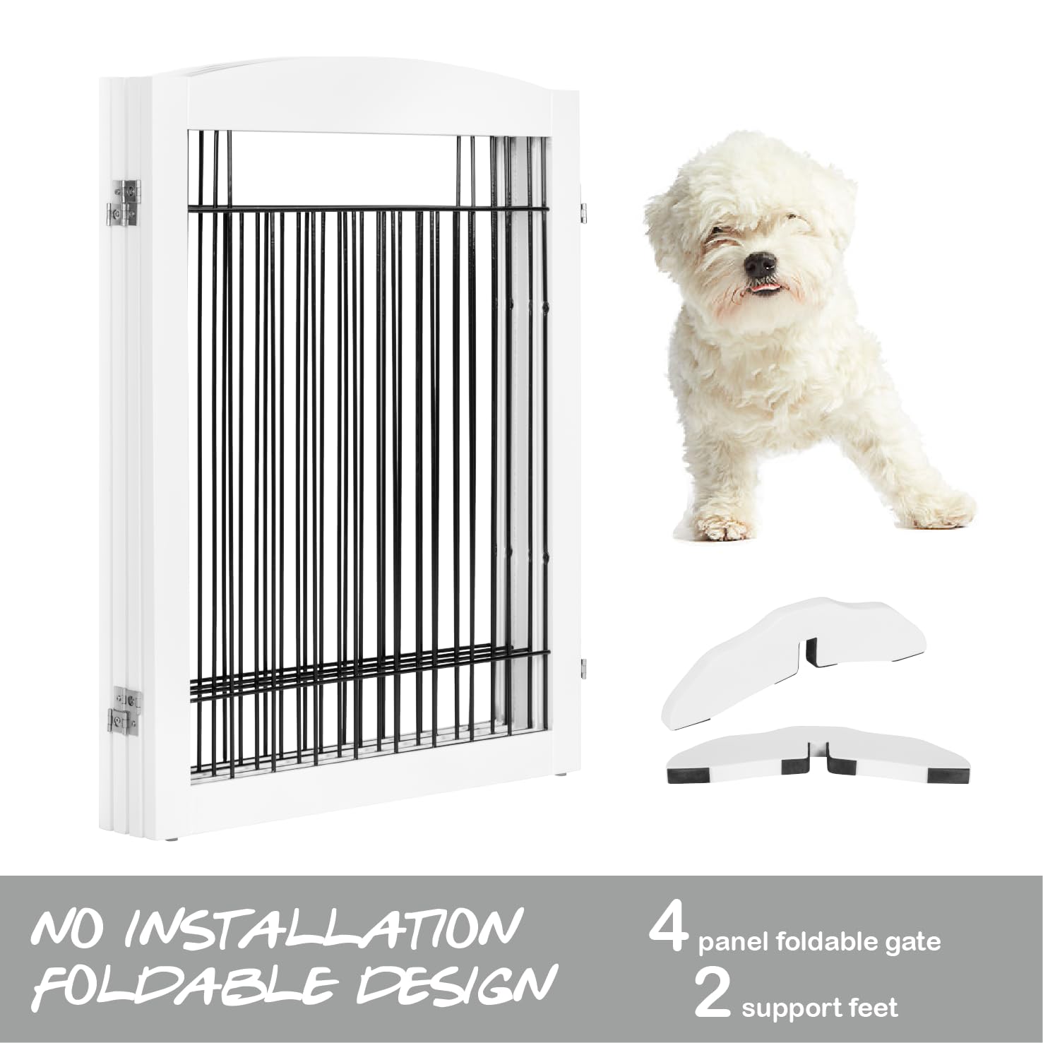 PAWLAND Extra Wide Dog Gate - 4 Panel Wooden Pet Fence, 96"W x 30"H, Freestanding, White, Model SS18-UTXP204