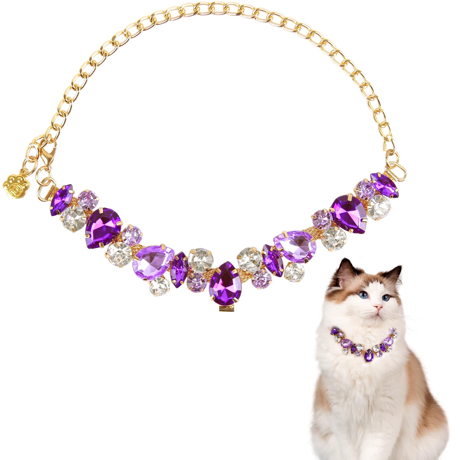 Howwfaly Purple Diamonds Gold Link Style Cat & Dog Collar With Pet Paw Design, Stainless Steel, Adjustable, L, Unisex, Small & M