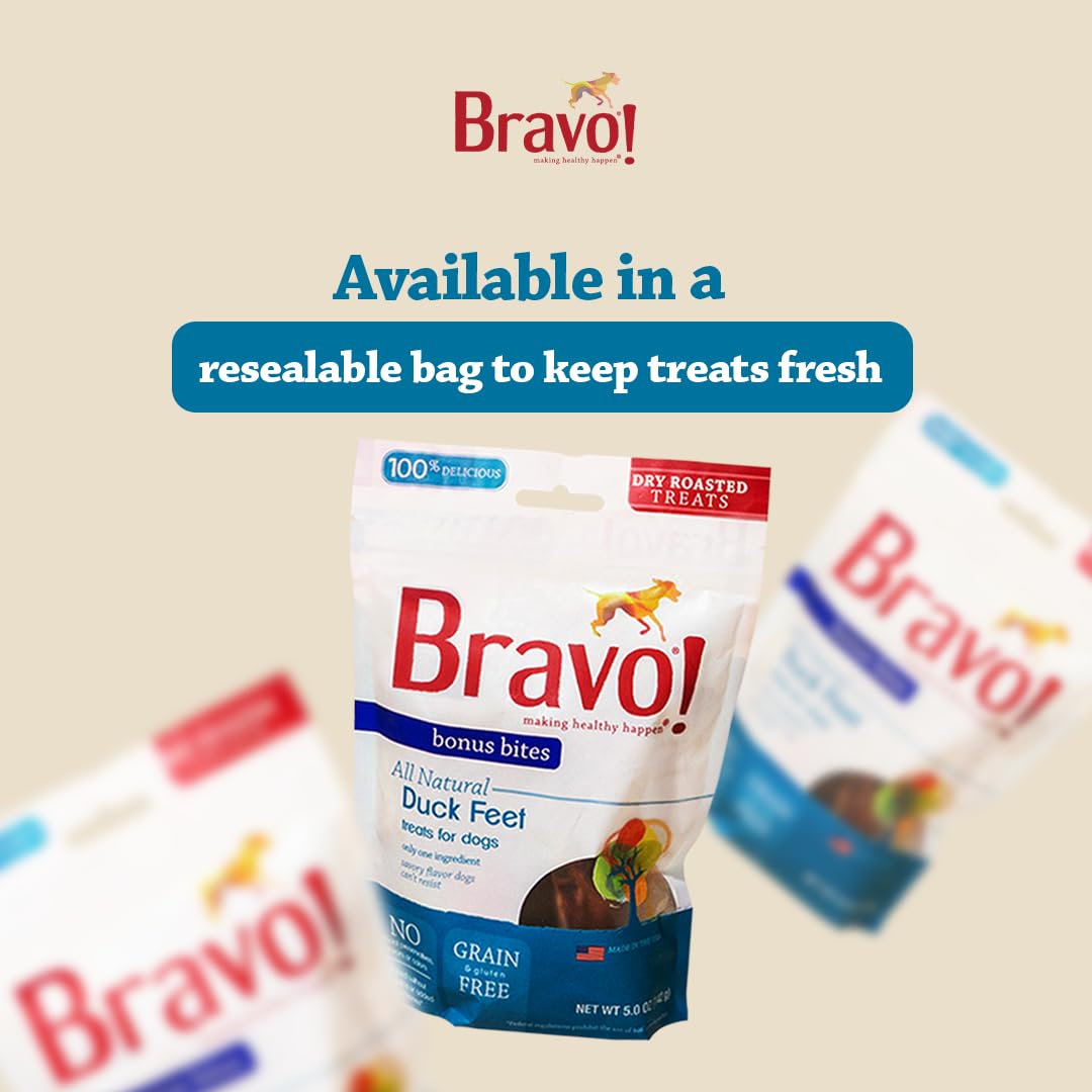Bravo! Bonus Bites Single Ingredient Dry Roasted Dog Chews, Duck Feet, 5 Ounce, High Protein, Grain Free, Gluten Free
