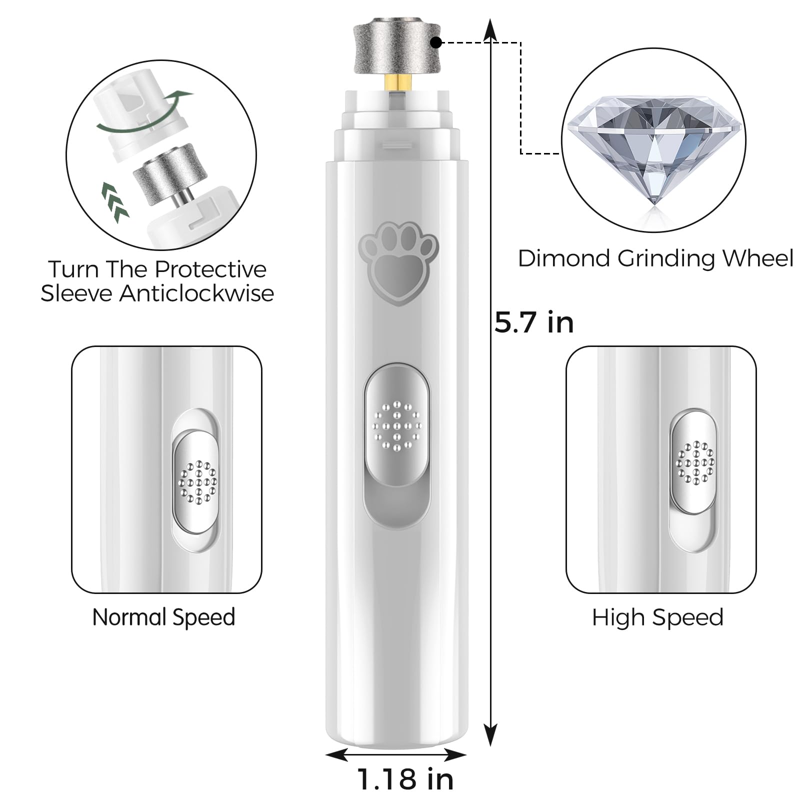 VIWIK Dog Nail Grinder - 2-Speed Rechargeable Trimmer for All Dog Sizes - Quiet Electric Grooming Tool - White