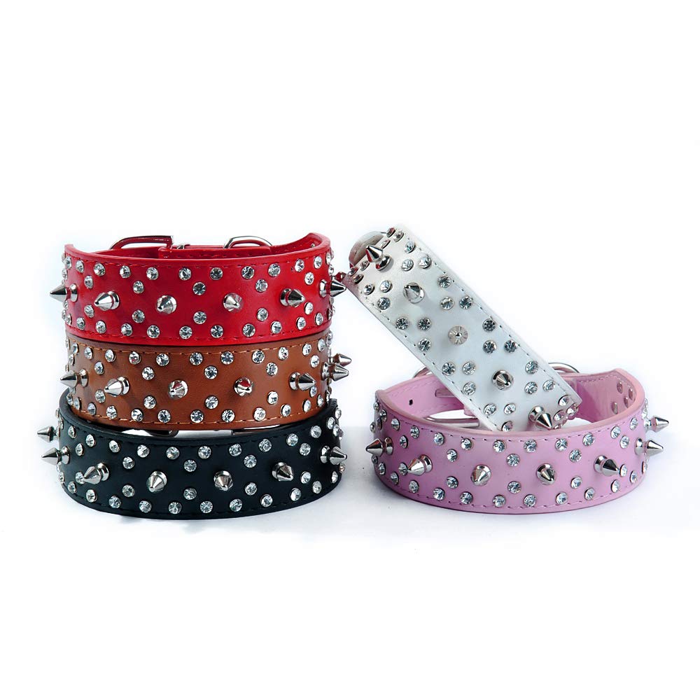 Rhinestones Dog Collar, Stylish Leather Dog Collar, With Bullet Rivets And Rhinestones, Soft And Adjustable For Medium And Large