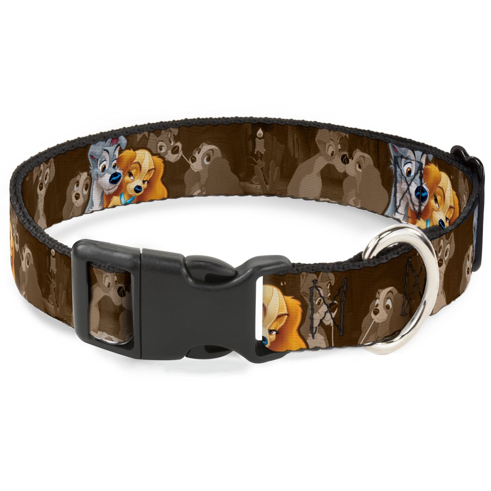 Buckle-Down Pc-Wdy372-M Plastic Clip Collar-Lady And Tramp 2-Poses/Spaghetti Kiss Scene Browns, 1'' W-11-17'' Neck-Medium