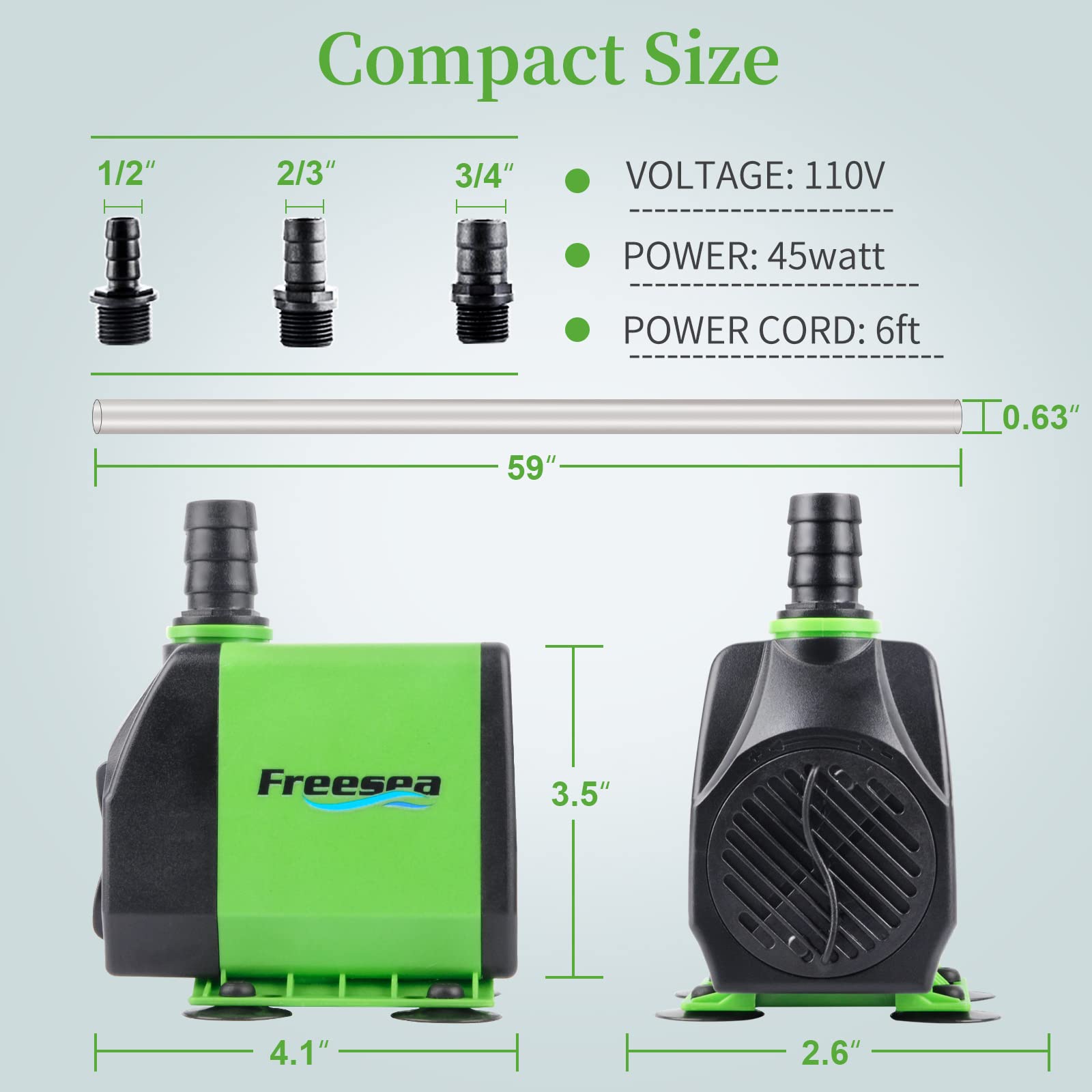 FREESEA Fountain Submersible Water Pump: 800GPH 45W Adjustable Small Pond Pump with 5ft Tubing Hose and 3 Nozzles 10ft High Lift