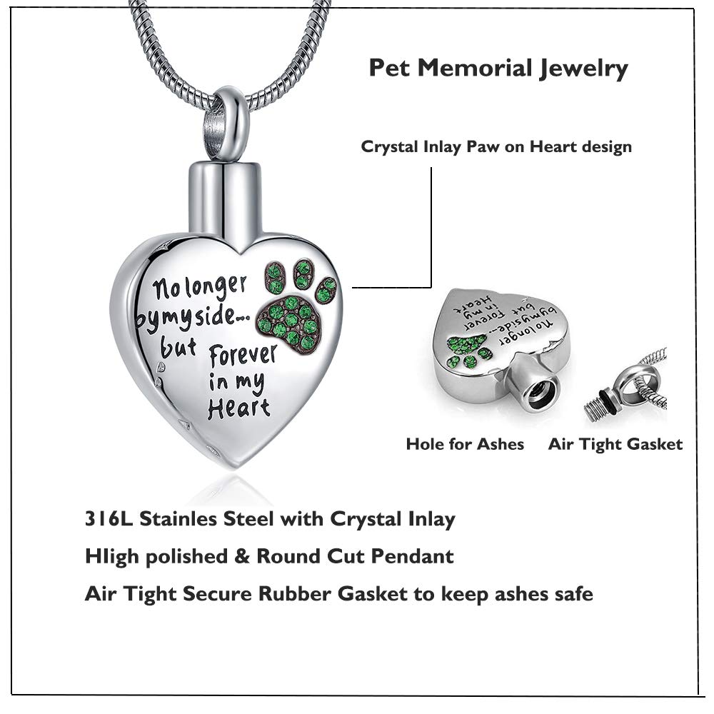 Rimzviux Pet Cremation Jewelry For Ashes Waterproof Dog Cat Urn Pet Memorial Gifts Ashes Necklace No Longer By My Side Forever In My Heart (Jade Green Paw)
