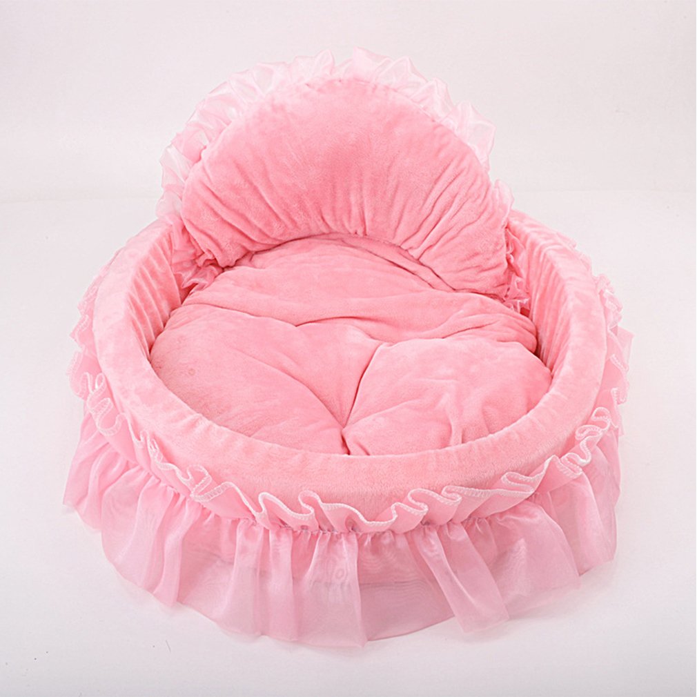 Wysbaoshu Cute Princess Pet Bed Bow-Tie Lace Cat Sofa Soft Plush Small Dog Cushion Bed Kitten Puppy Round Beds (S, Pink)