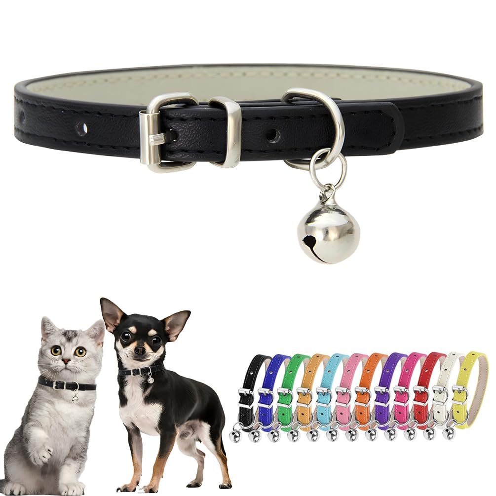 Black Xs Dog Collar With Bell Leather Puppy Collar With Bell Adjustable Buckle Kitten Cat Collars For Xxsmall Xsmall Tiny Little