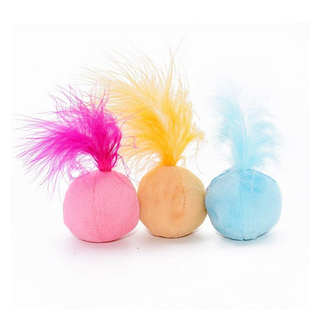 Petfavorites Furry Rattle Ball Cat Toy With Feather And Catnip - Interactive Pom Pom Balls For Cats, Soft And Lightweight, 2 Inch, 3 Pack.