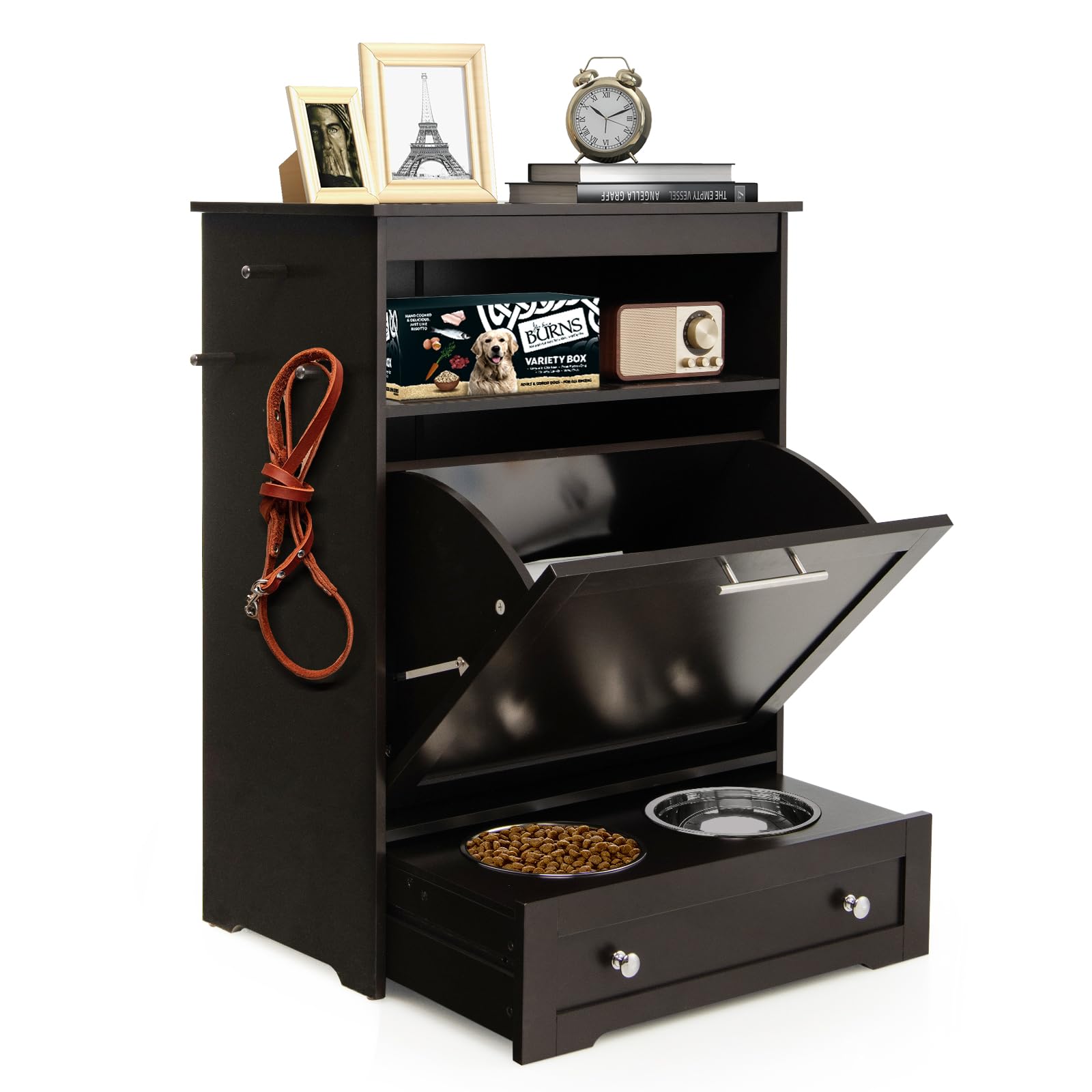 HAPPAWS Dog Food Cabinet Feeding Station with 2 Raised Bowls, Pull Out Elevated Dog Bowl, Storage, 3 Hangers, Pet Feeder Toy Lea