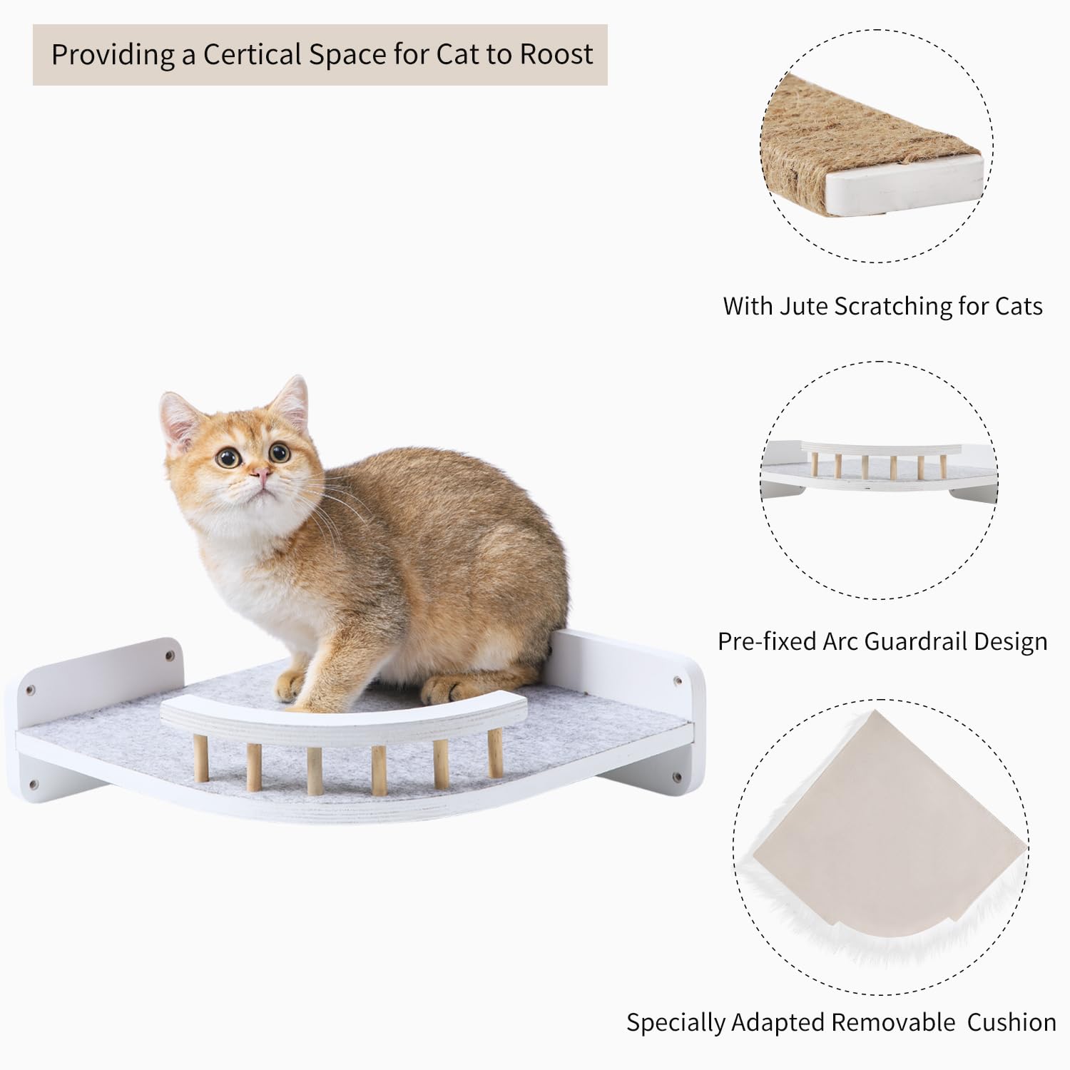 COOLEX Cat Wall Shelves - 3-Step Scratch Post & Hammock Bed, Medium, White, Cotton, Model CWS04C for Indoor Cats