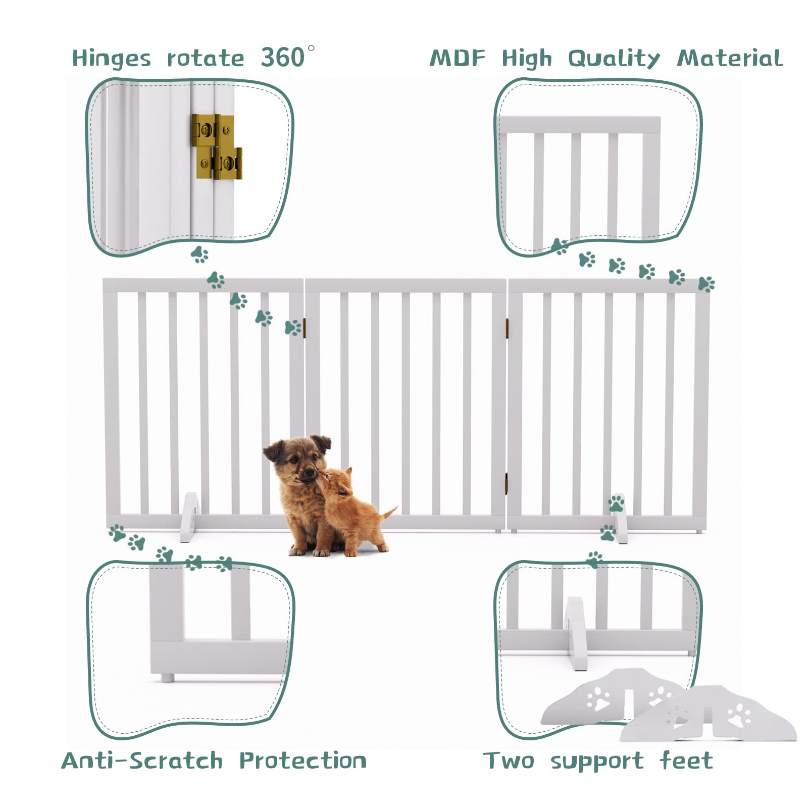 Freestanding Foldable Dog Gate for House - 3 Panels, 24 Tall, White Wooden Pet Gate for Doorways and Stairs With 2 Support Fee