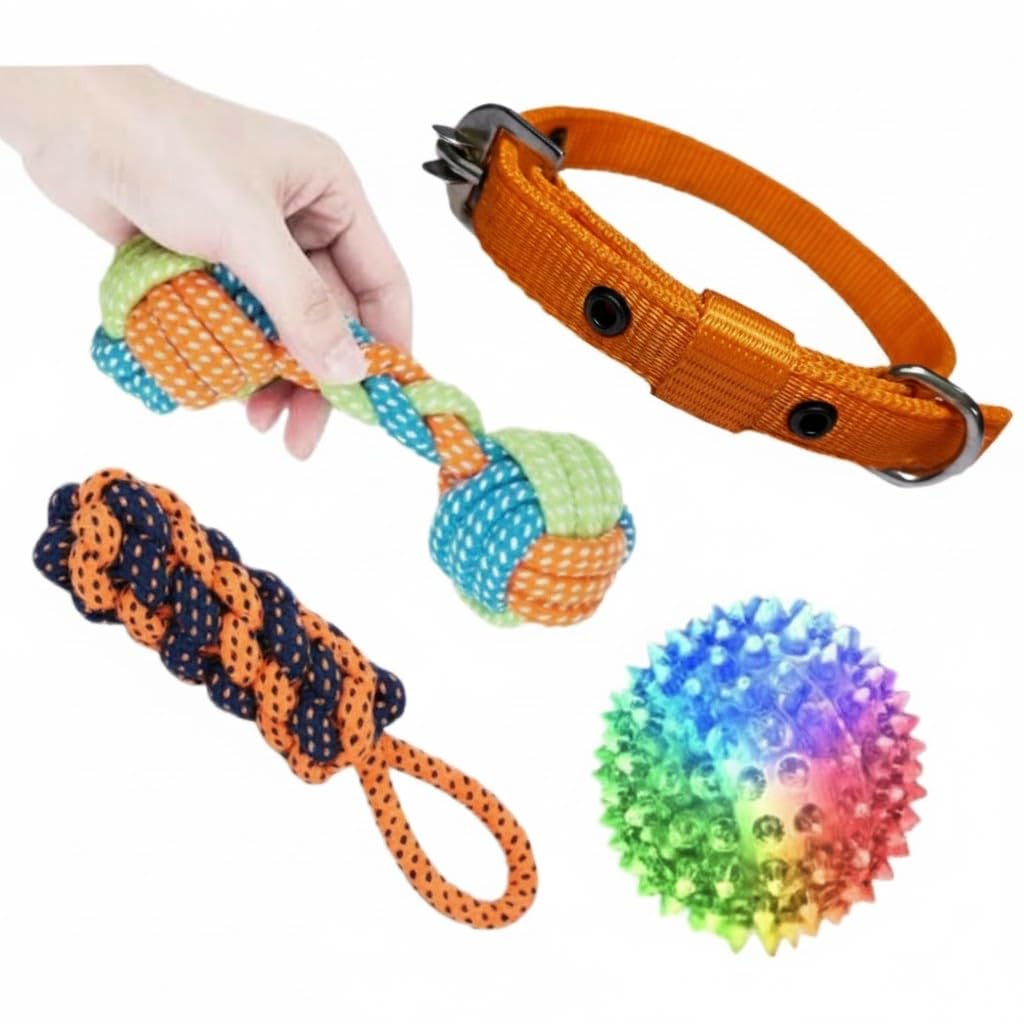 Pawezzy Dog Toy Set with Durable Rope Toys, Spiked Rubber Ball & Adjustable Nylon Collar  ChewResistant, Tugging & Training To