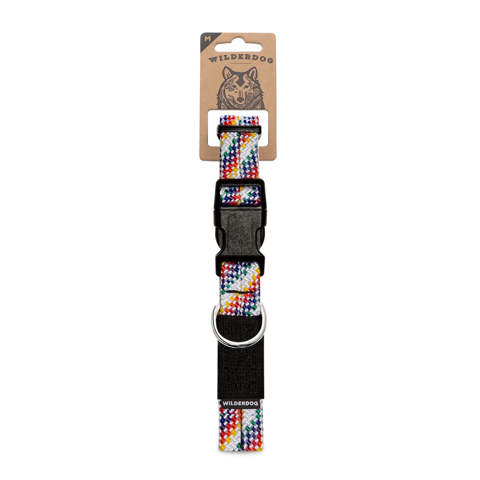 Wilderdog Climbing Rope Dog Collar - Outdoor Durable Climbing Rope Design With Heavy-Duty Secure Hardware For Safety - Adjustable To Fit 13'-18' Around With A 1' Band - Medium - Rainbow