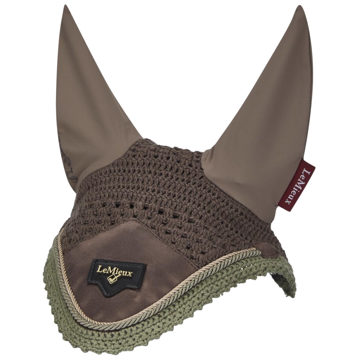 LeMieux Loire Ear Bonnet - Signature Metal Embossed Motif - Recycled Crochet - Satin Fabric Front - Soft Stretch Ears - Walnut -