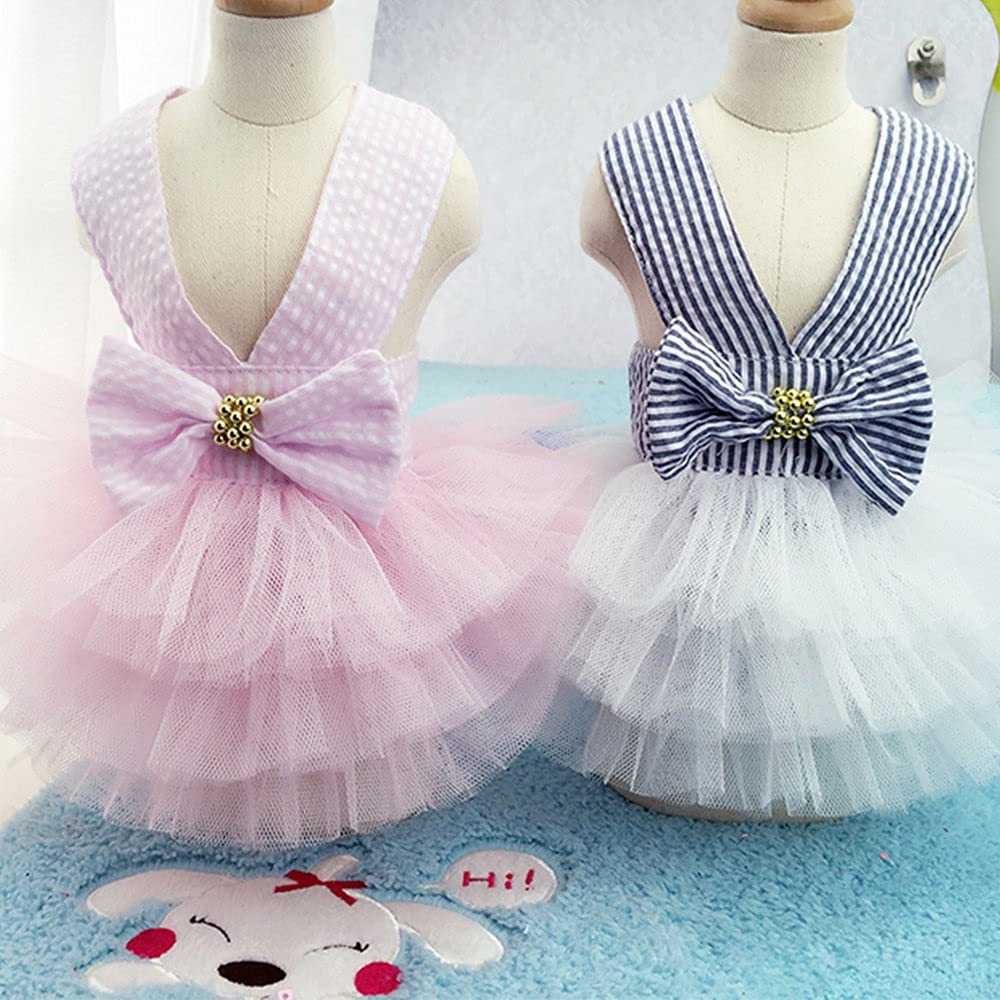 Dog Dresses, Fashion Pet Dog Clothes, Striped Mesh Puppy Dog Princess Dresses (Pink, X-Small)
