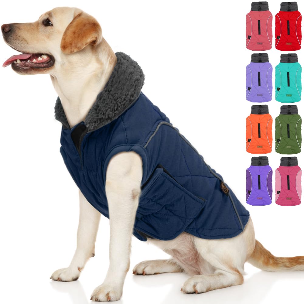 Emust Dog Jacket Polyester Winter Coat For Medium Large Dogs, Reflective Vest With Zipper, Warm For Cold Weather, Dark Blue, L