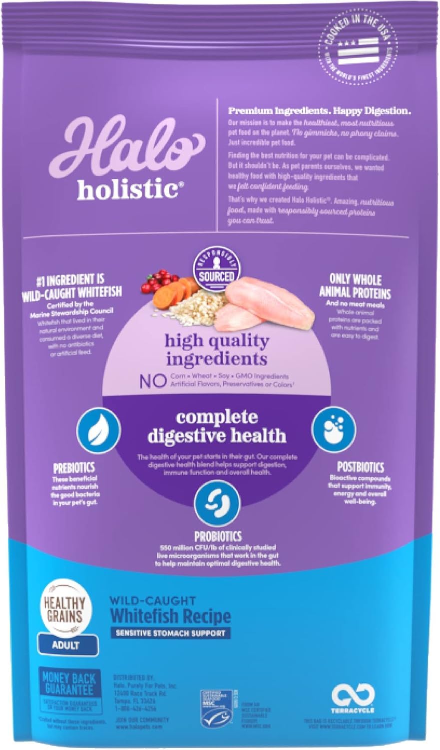 Halo Holistic Cat Food Wild Caught Salmon & Whitefish Formula, Healthy Grains Dry Cat Food, For Sensitive Stomach Support, Kibbl