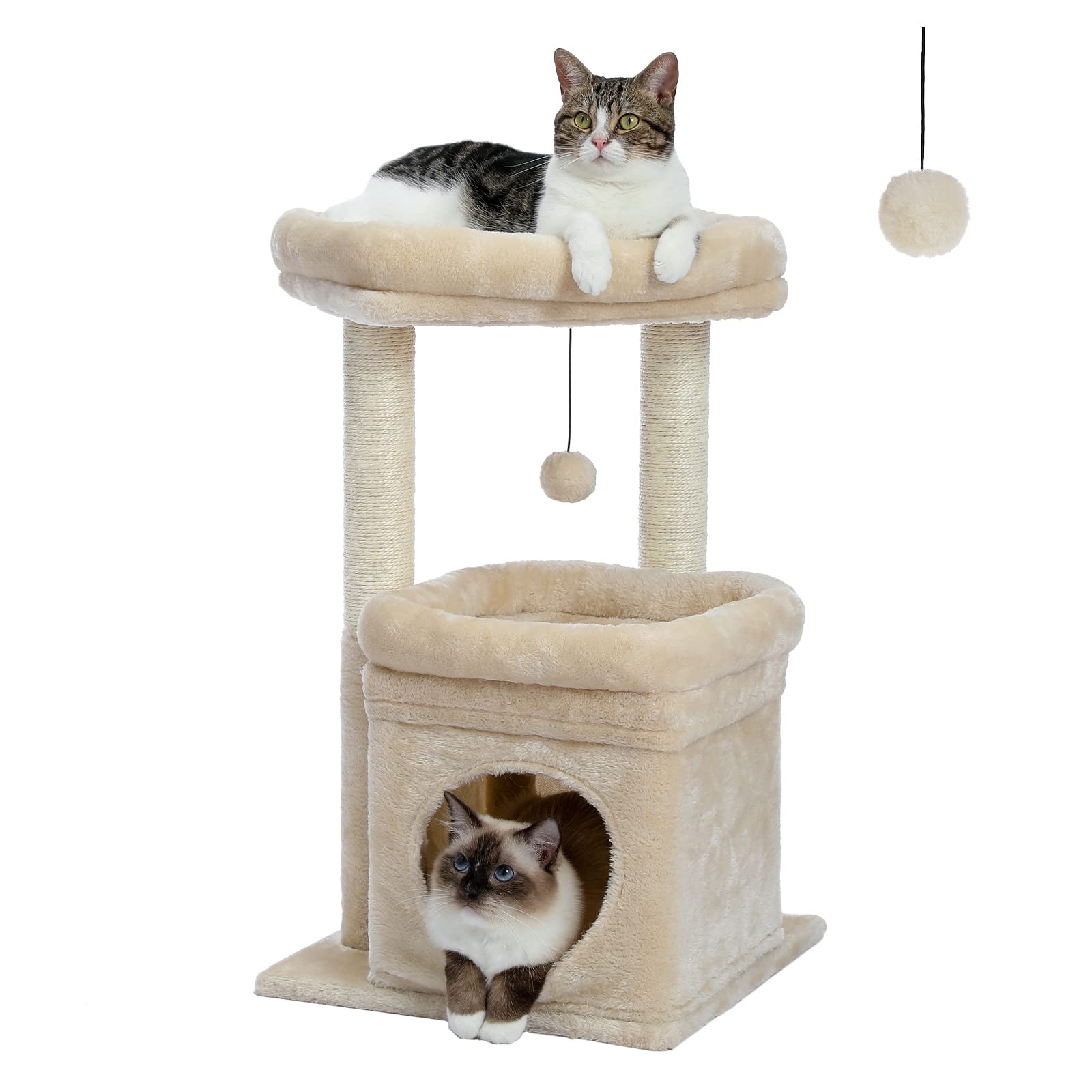 Pequlti Cat Tree Cat Tower For Indoor Cats With Private Cozy Cat Condo, Natural Sisal Scratching Posts And Plush Pom-Pom For Small Cats,Beige