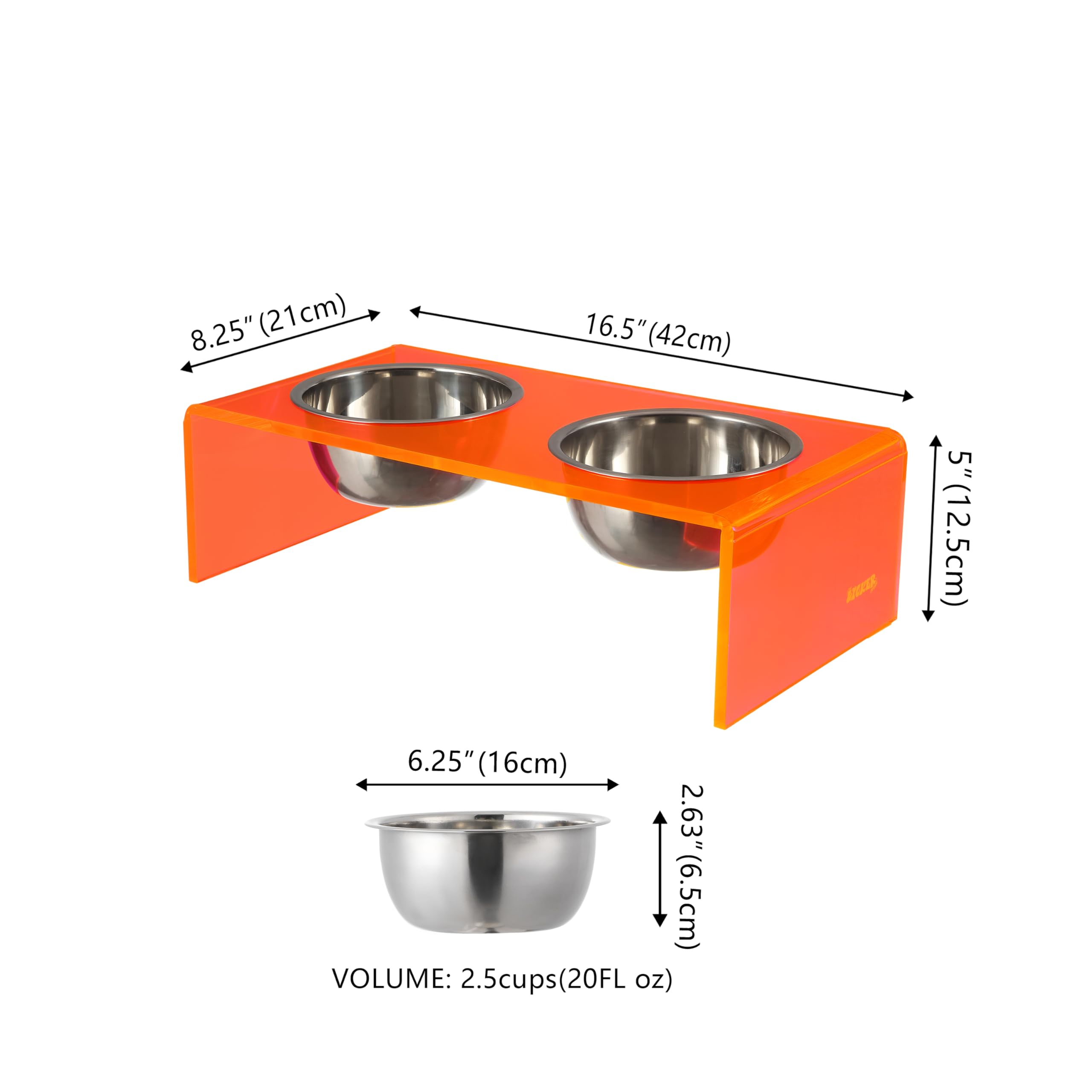 The LICKER Store DBL2000E Keaton 5 Small/Medium Modern Acrylic Rectangular Elevated Pet Feeder with 20oz 2-Stainless Steel Bowls