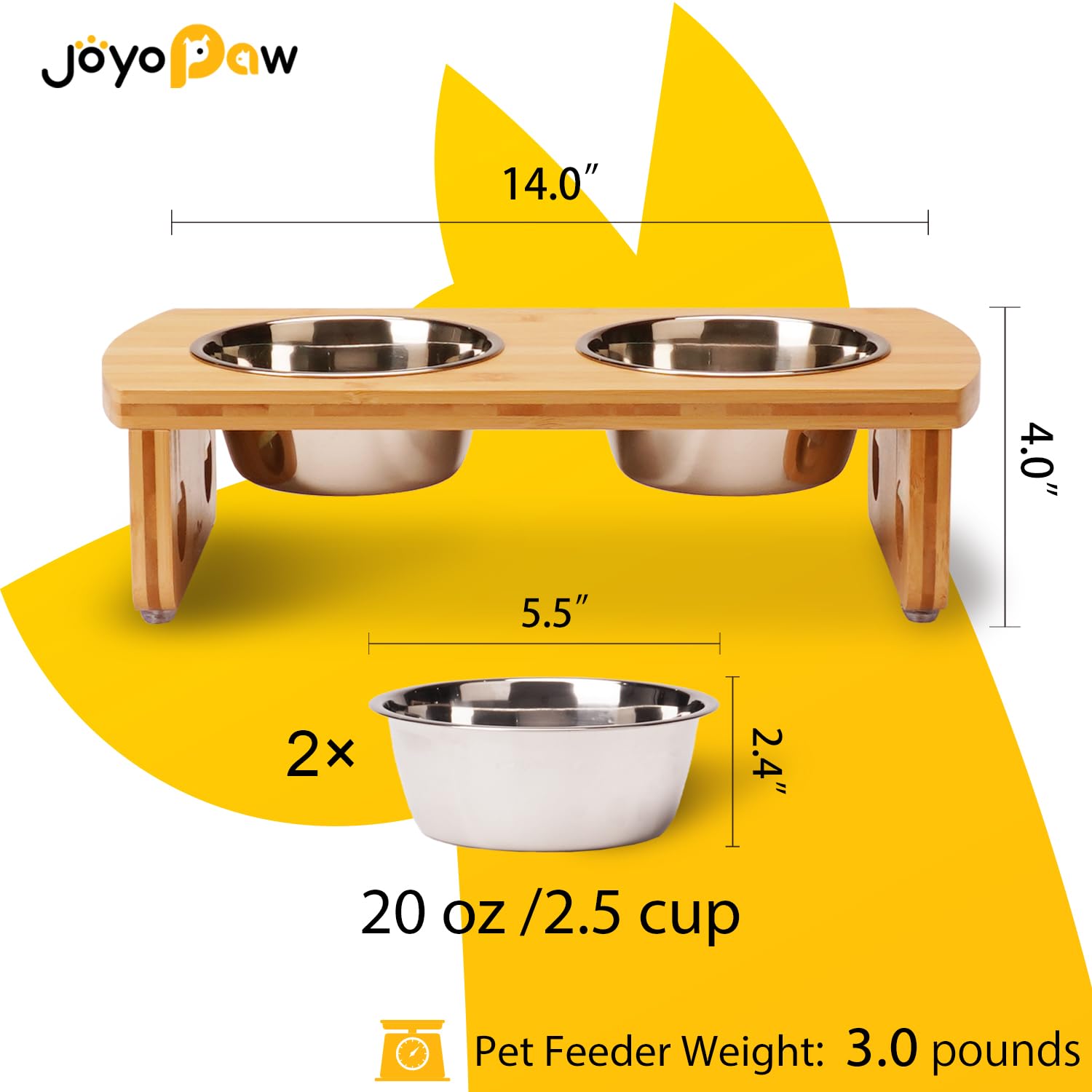 JOYOPAW Elevated Dog Bowls - Bamboo Raised Dog Bowl for Small Dogs & Cats, 4'' Tall with 3 Stainless Steel Bowls (20oz*2, 12oz*1)