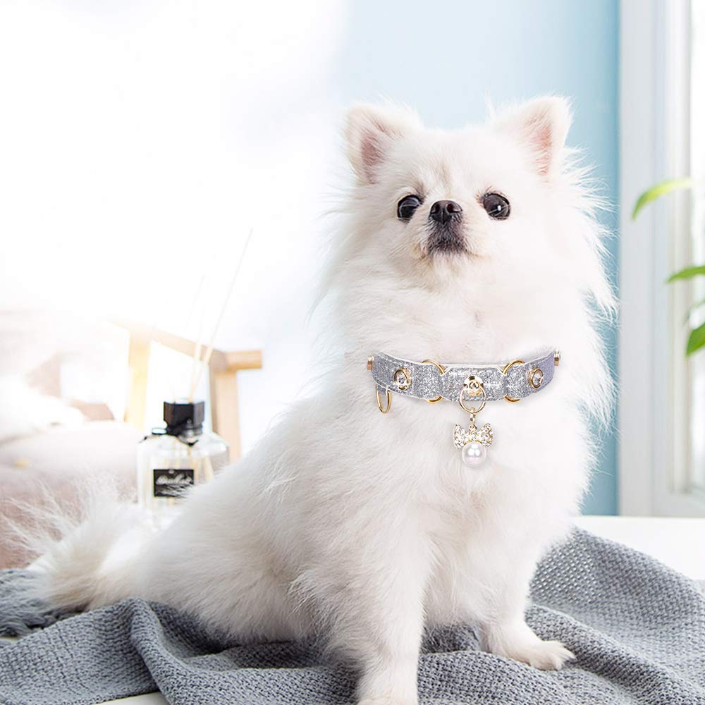 Petshome Cat Collar, Dog Collar, [Bling Rhinestones] Pu Leather Adjustable Pet Collar With Luxury Pendant For Cat And Small Dog Extra Small Silvery