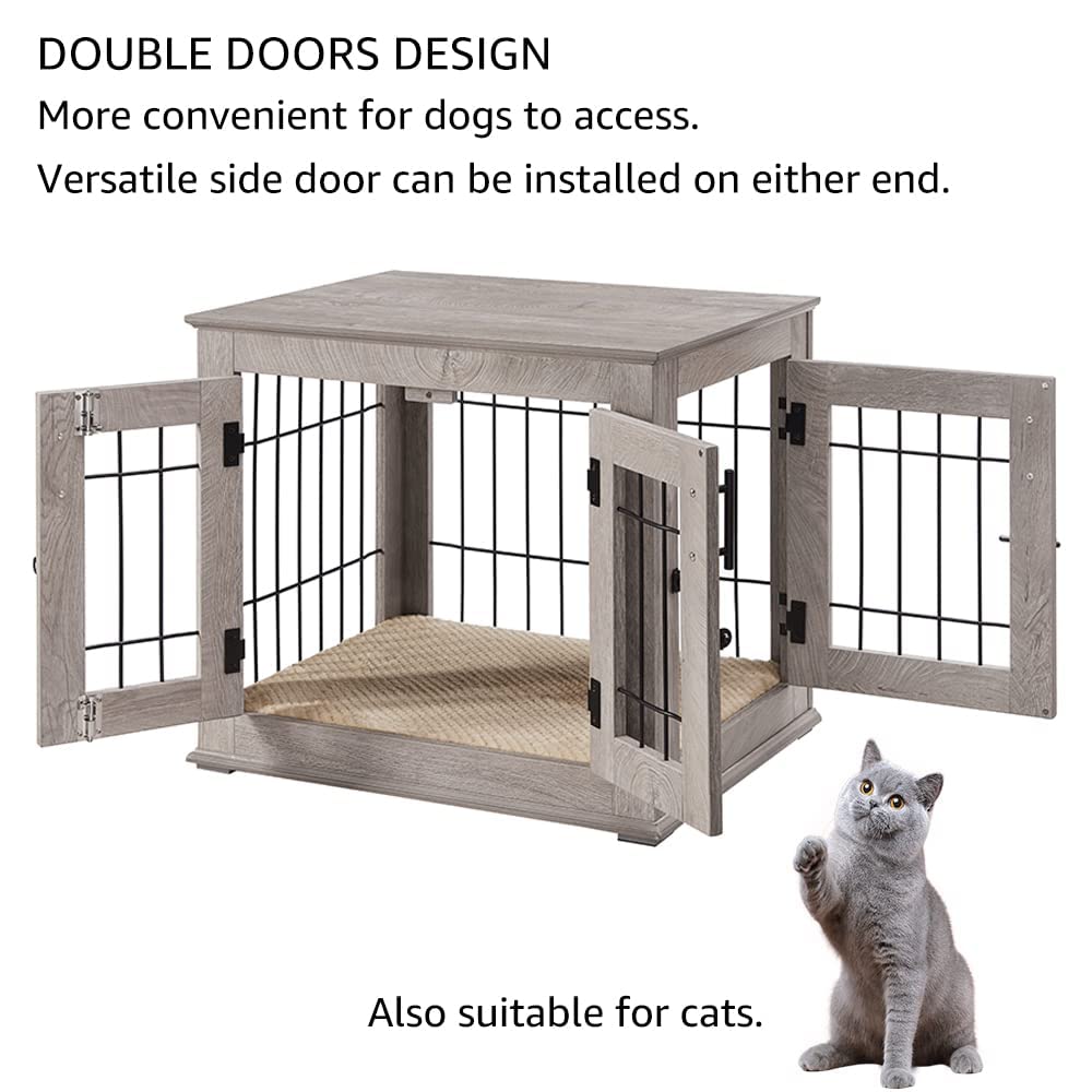 Beenbkks Furniture Style Dog Crate End Table, Double Doors Wooden Wire Dog Kennel With Pet Bed, Decorative Pet Crate Dog House I