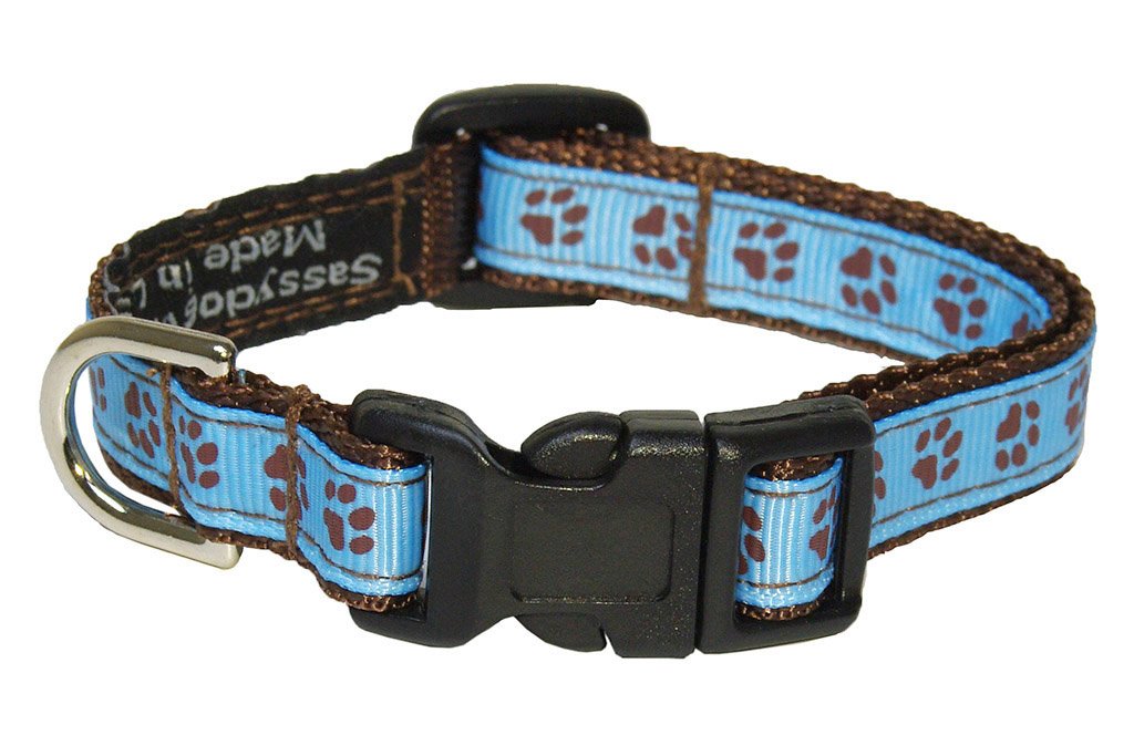 XSmall Blue/Brown Puppy Paws Dog Collar: 1/2 Wide, Adjusts 6-12 - Made in USA.