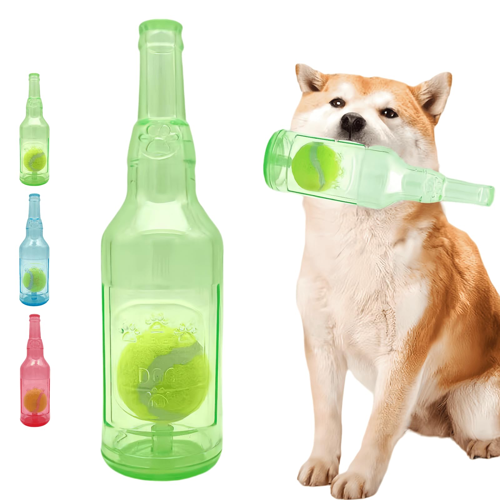 Cute Tough Dog Toy Rubber Bottle Squeaky Dogs Chew Toy Long Lasting Interactive Fetch Toy For Teething Tennis Ball Included (Gre