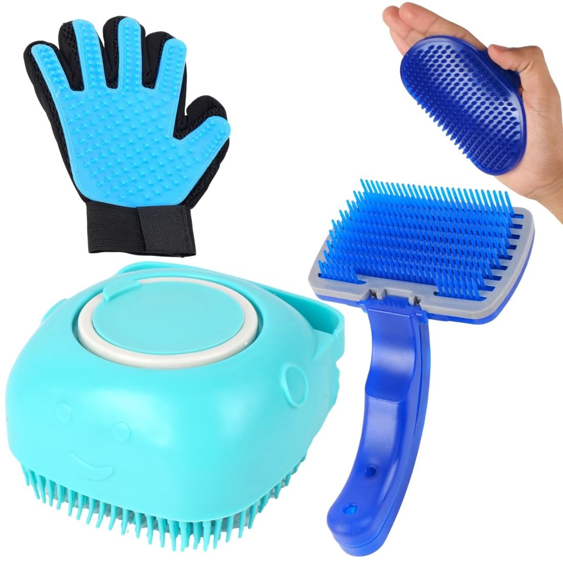 Pet Grooming Combo with Bath Brush, Slicker Brush, Massage Glove and Scrubber(Pack of 4)