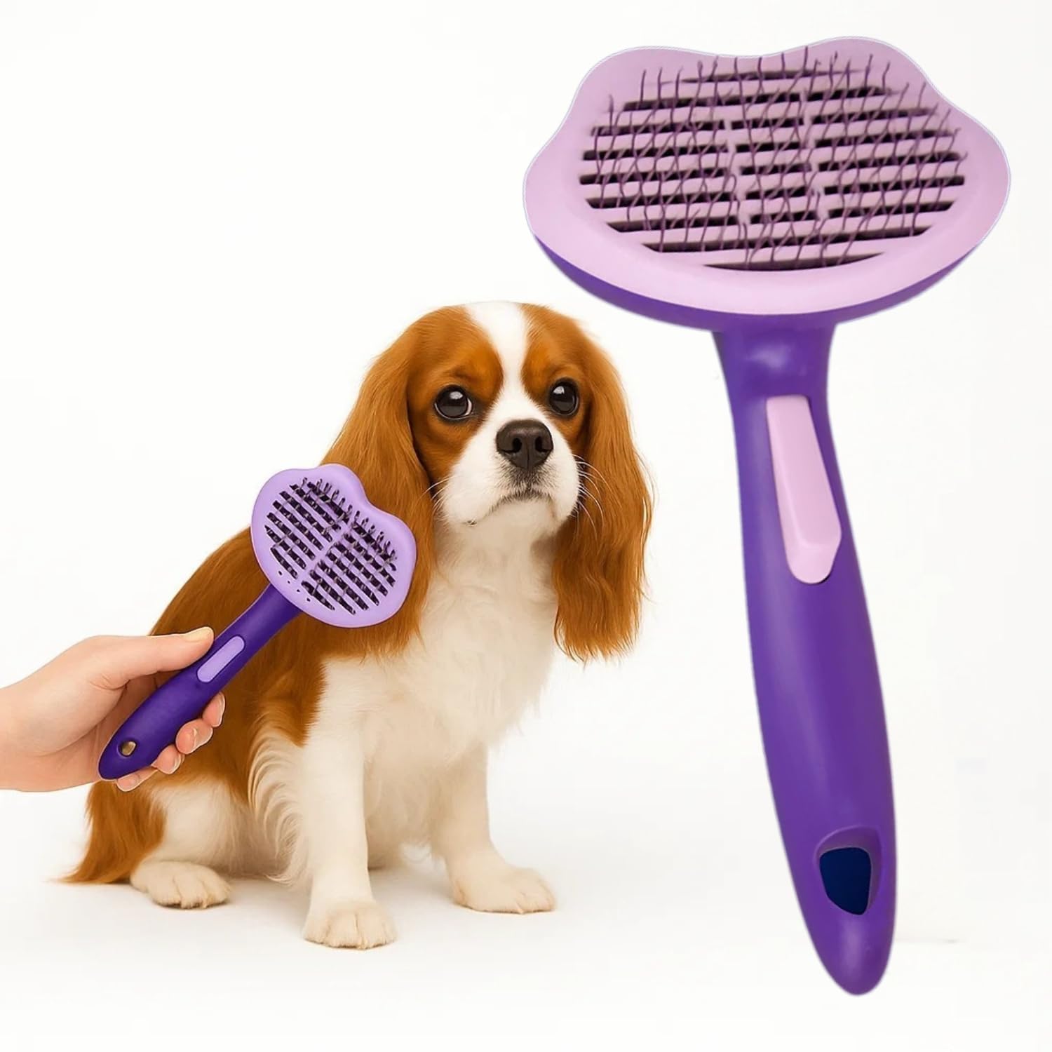 Sage Square 18Cm Self Cleaning Brush Comb For Dogs & Cats | Cat Ear Shape Grooming Tool With ClickToClean Button | Detangling 
