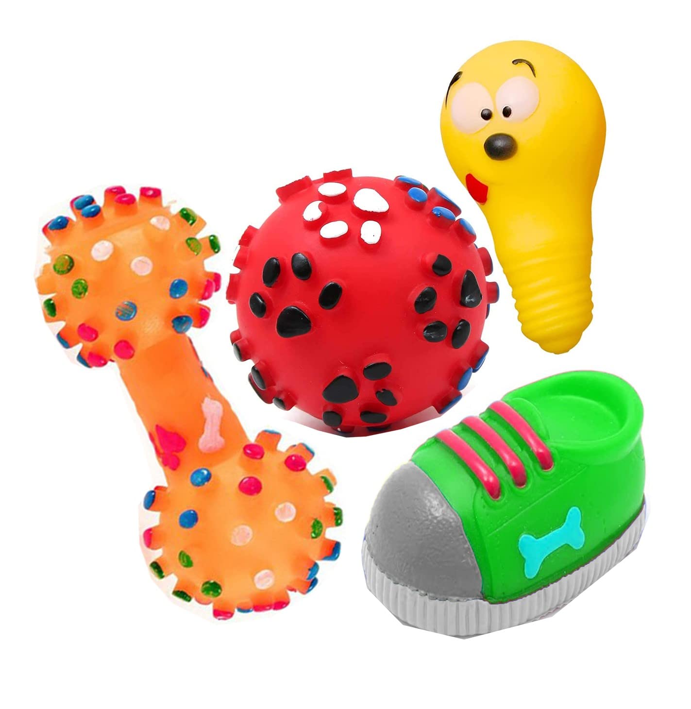 W9 Pet Products Combo Of 4 Soft Latex Rubber Interactive Squeaky Toys For Small PuppyPimple Dumbbell, Paw Ball, Bulb, Shoes