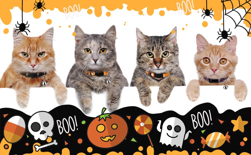 Azuza 4 Pack Halloween Kitten Collars Breakaway With Bells, Adjustable Cat Collars With Safety Buckle,Adjustable From 6'-8', Skull And Crossbones,Ghosts, Spider And Pumpkin Prints