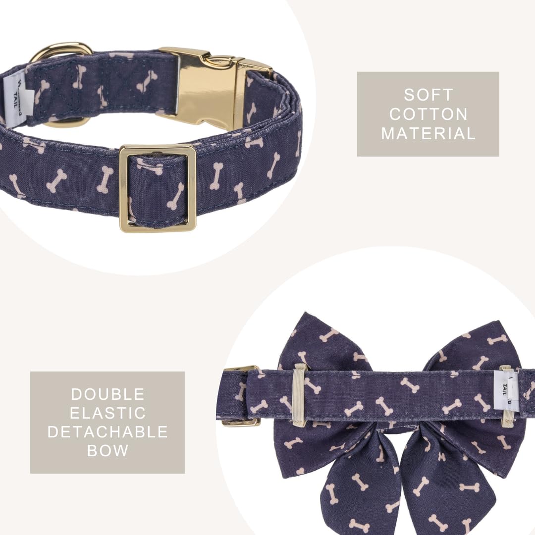 Wagging Tail Adjustable Lady Bow Tie And Collar For Small To Large Dogs, Puppy Collar With Bowtie - Comfort Soft Cotton (Navy Do