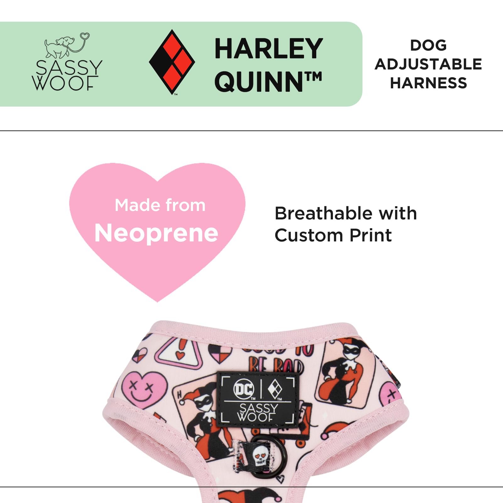 Sassy Woof Dog Adjustable Harness - Harley Quinn - Xl, Breathable Mesh, No Pull Design With Two D-Rings, Patented Design, Perfec