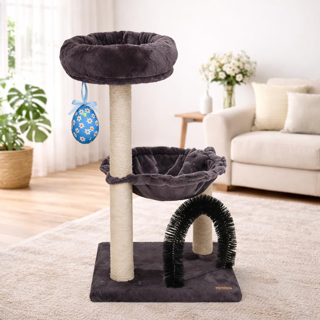 Scratch Time 27.8 Small Cat Tree with Easter Eggs,Multi-Level Cute Cat Tree with Scratching Post| Plush Hammock| Perch| Random 3