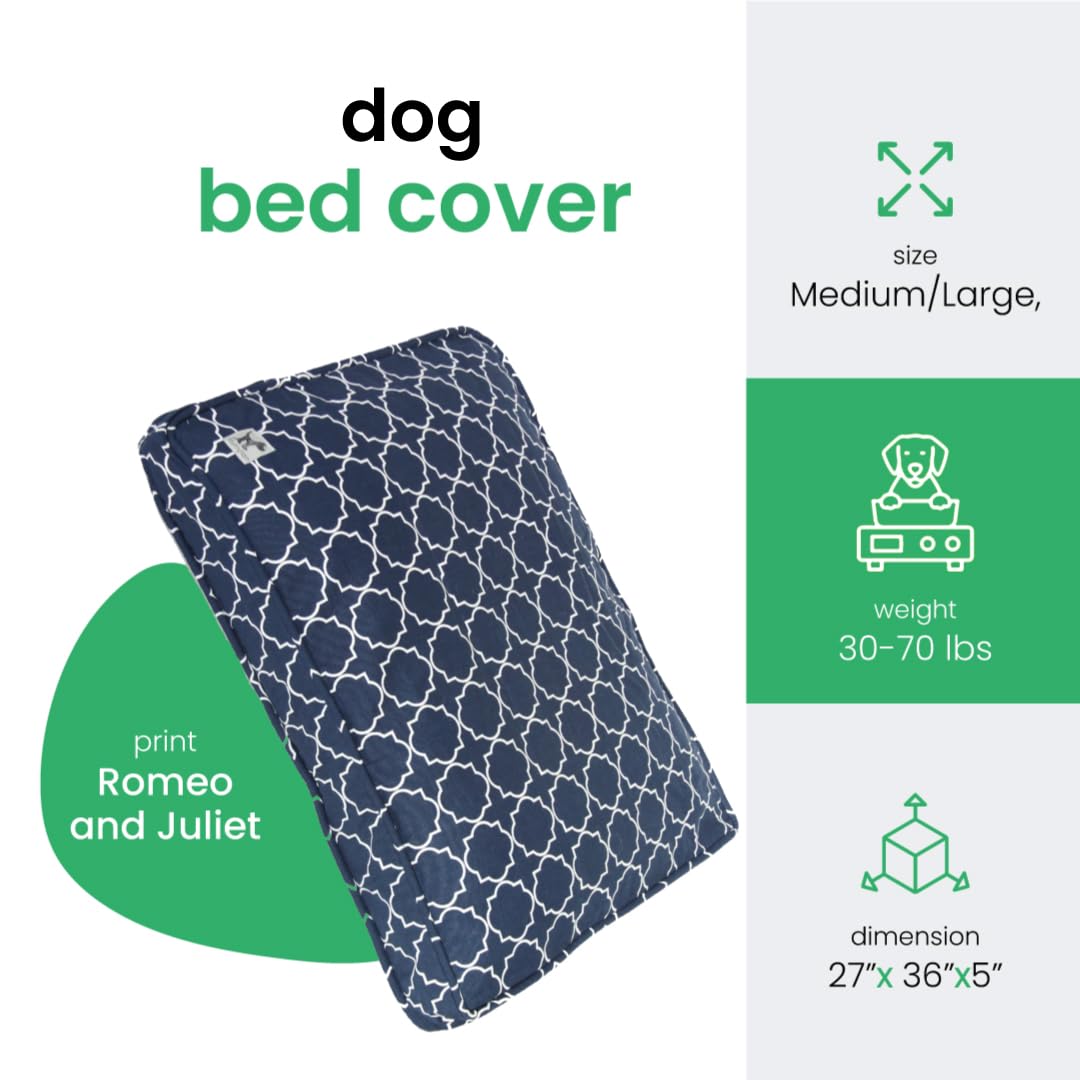 Molly Mutt Medium To Large Dog Bed Cover- Romeo & Juliet Print - Measures 27”X36”X5’’ - 100% Cotton - Durable - Breathable - Sustainable - Machine Washable Dog Bed Cover